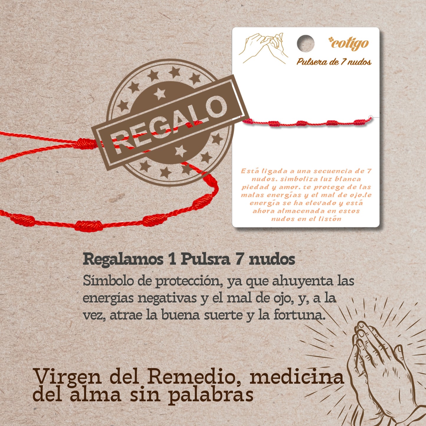 Pulsera 7 nudos con Virgen del Remedio Acero Plateado