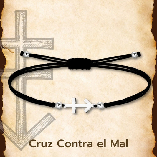 Pulsera Cruz contra el Mal Plateado de Hilo En.Negro - cotigo