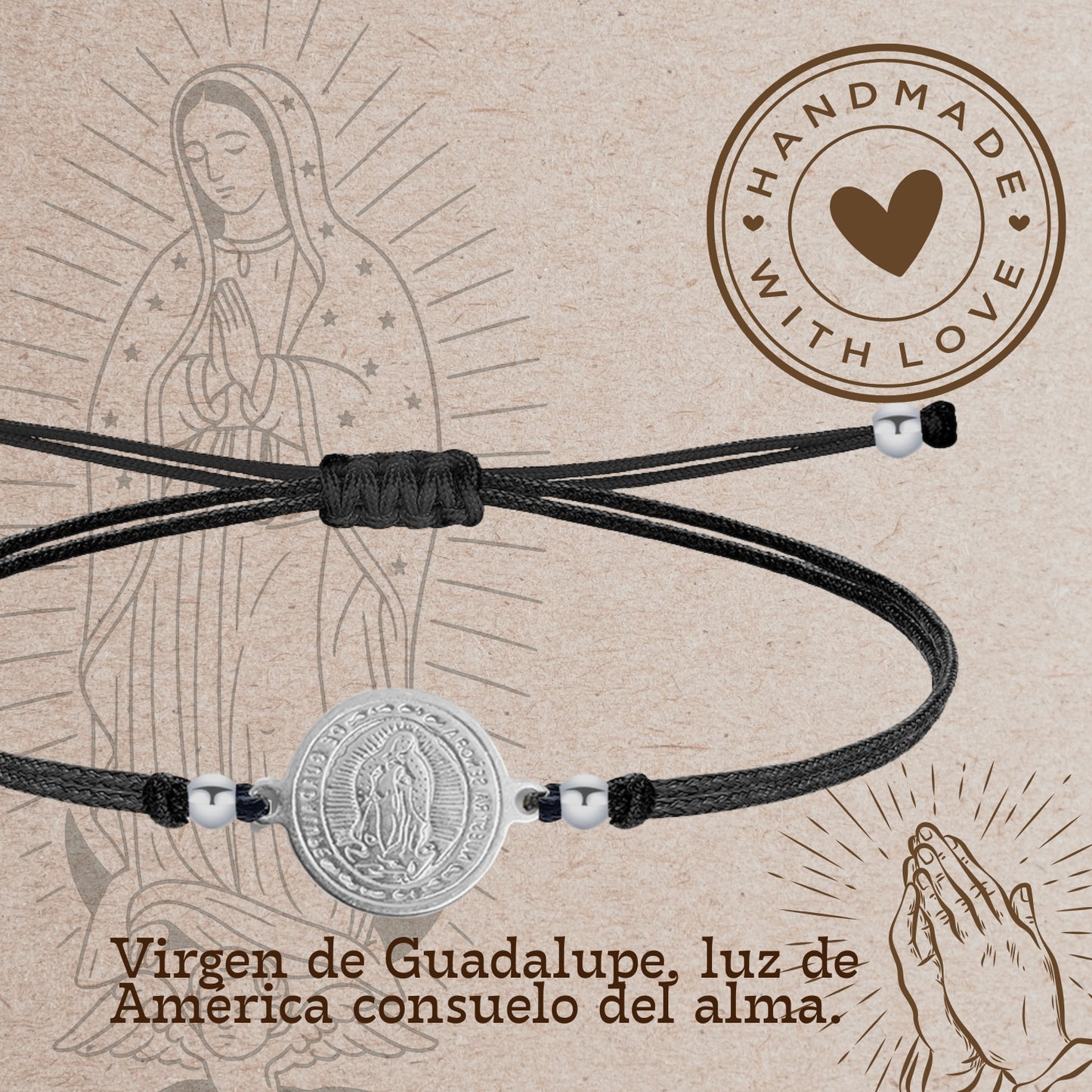 Pulsera Hilo encerado Negro-Virgen Guadalupe Plateado
