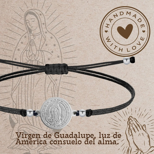 Pulsera Hilo Negro Virgen de Guadalupe en Acero Plateado - cotigo