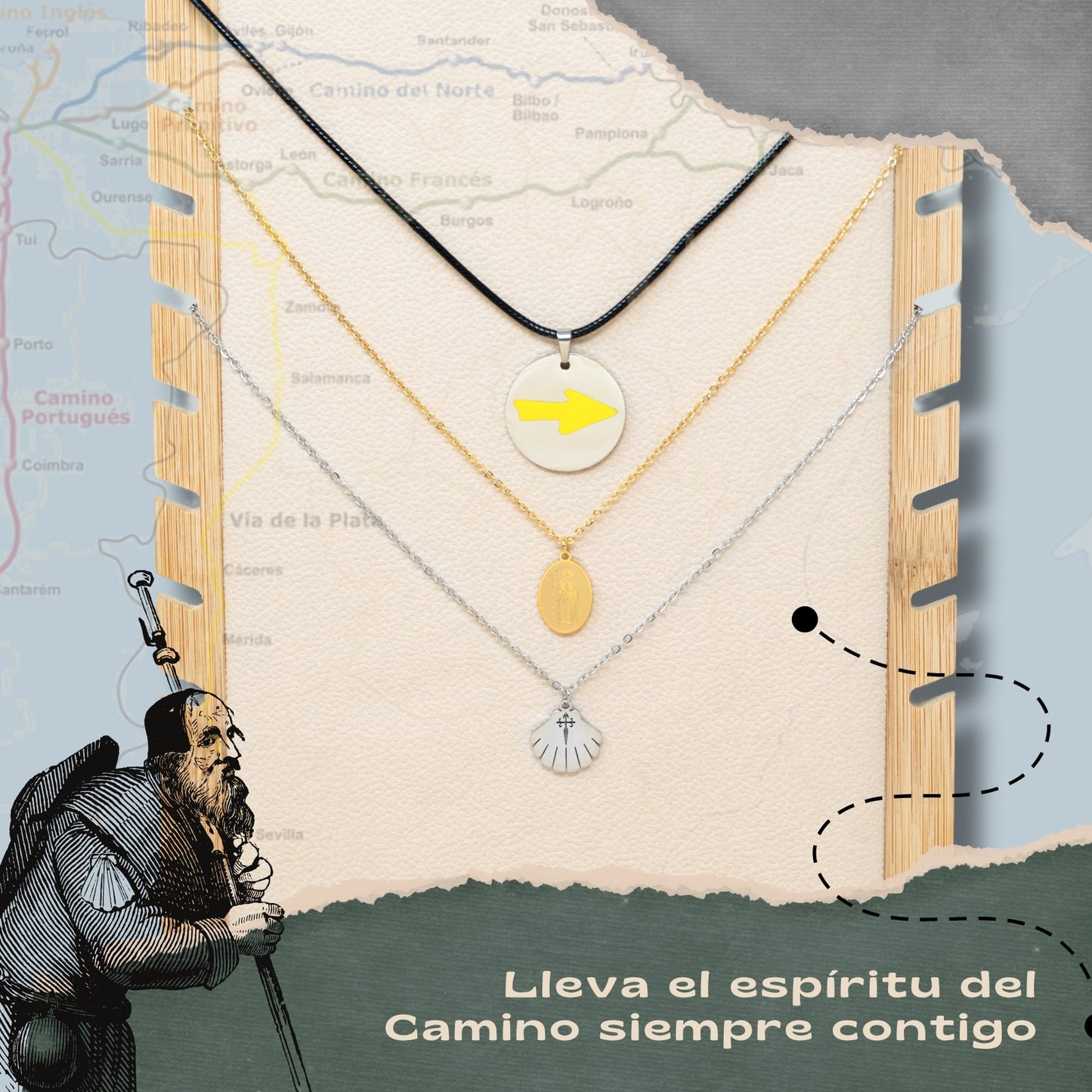 Collar del Camino de Santiago - Conchas de Santiago, recuerdos ruta del peregrino, cruz de santiago, joyas mujer + regalo una pulsera de 7 nudos.