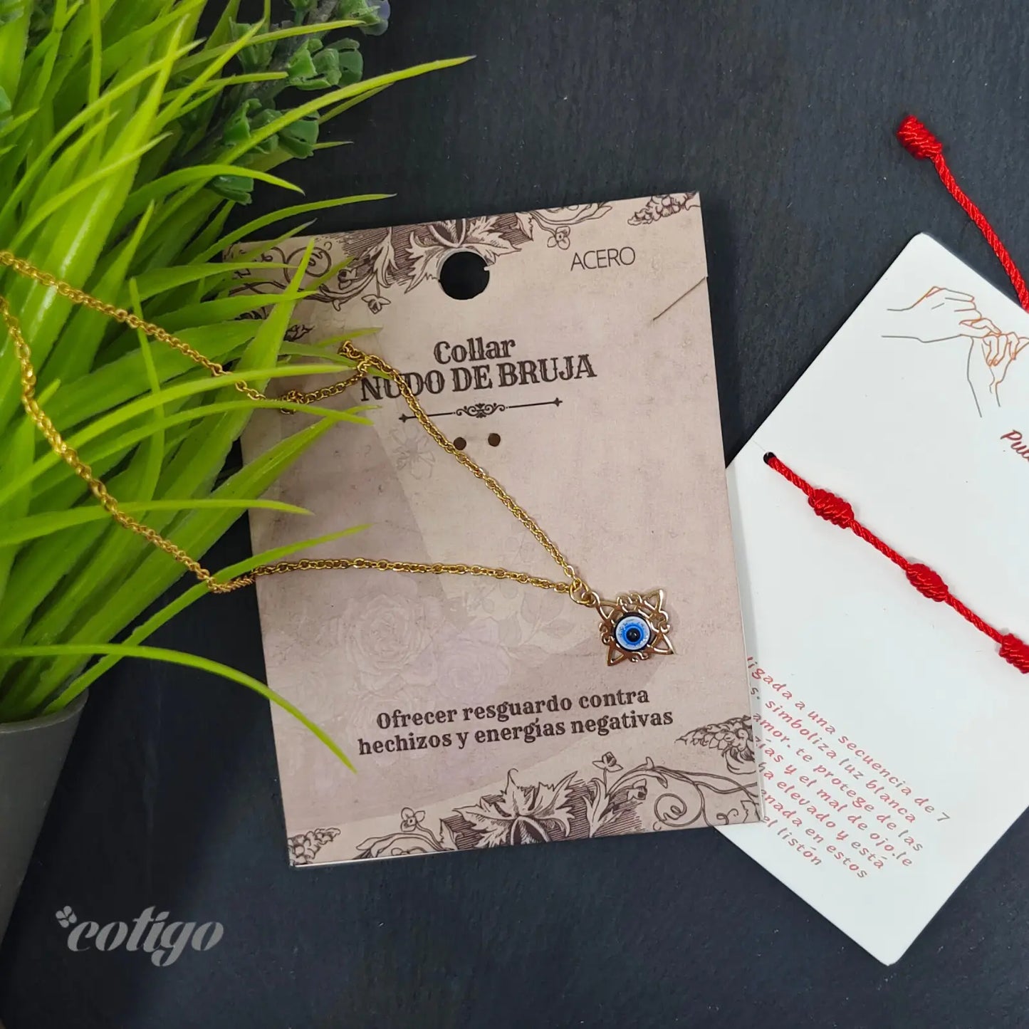 Colgante Nudo de Bruja con Ojo de Turco Acero Inoxidable Dorado - cotigo