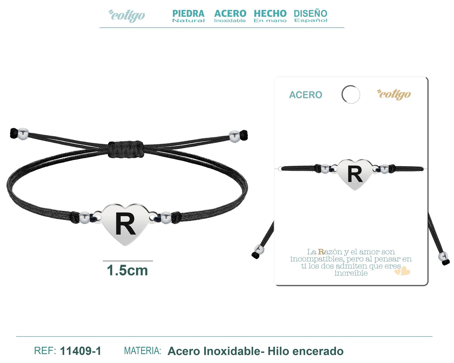 PULSERA CORAZóN ACERO CON LETRA. R