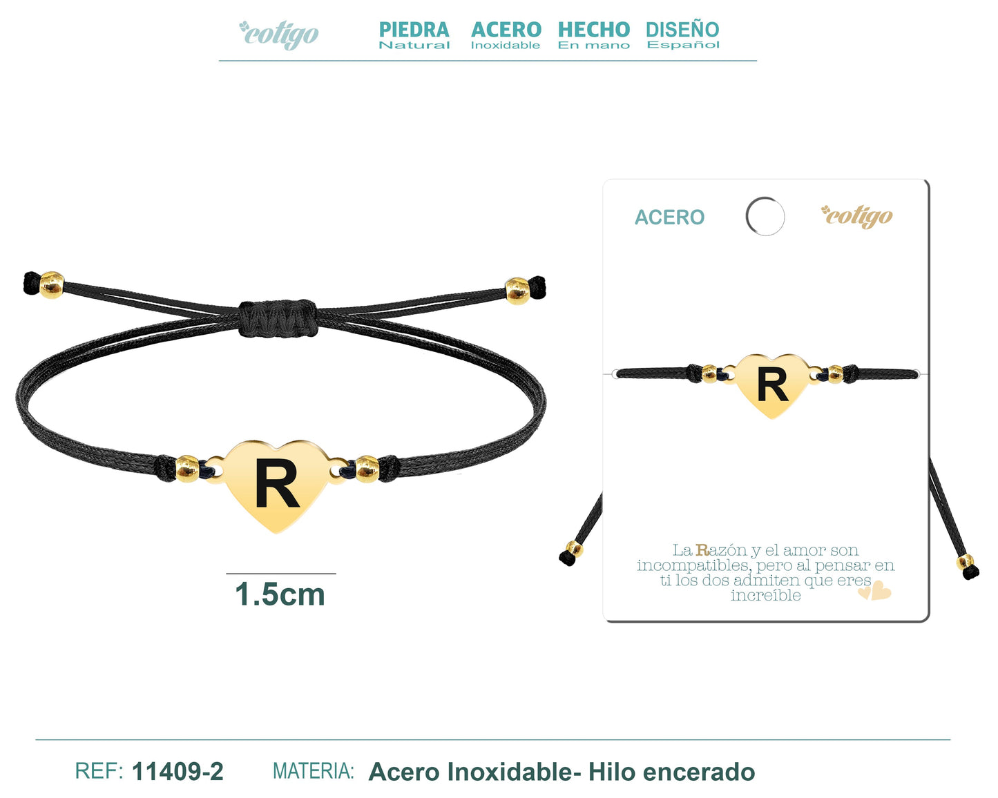 PULSERA CORAZóN ACERO CON LETRA. R