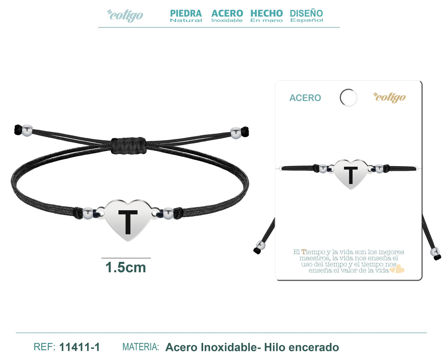 PULSERA CORAZóN ACERO CON LETRA. T