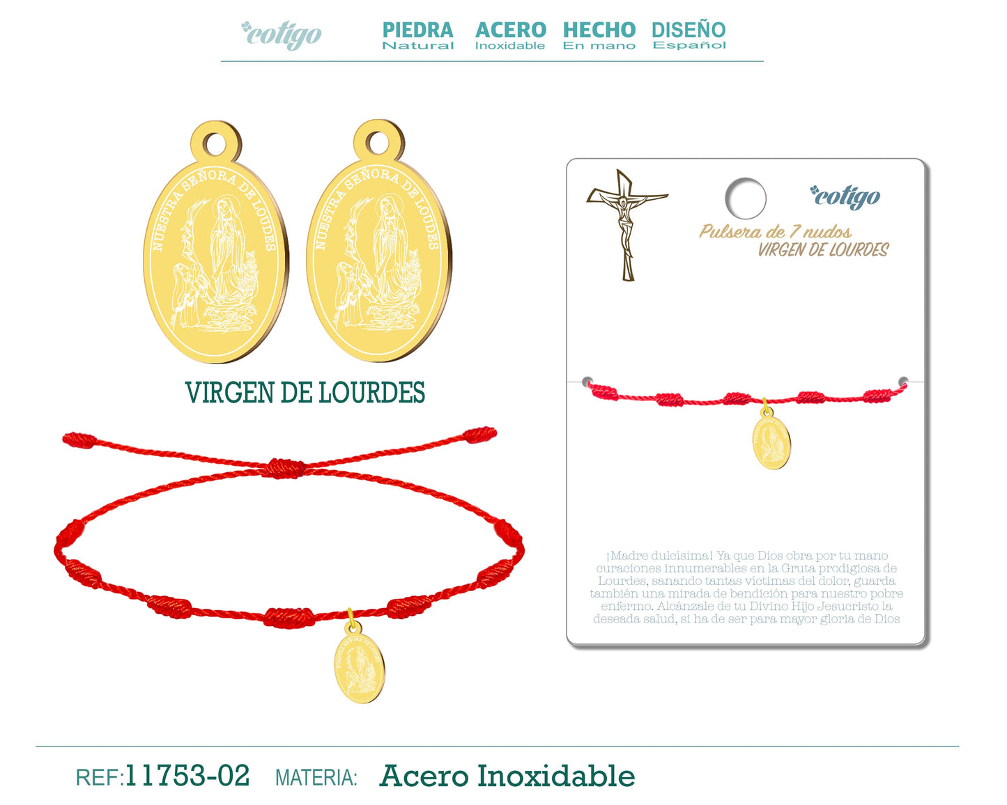 Pulsera 7 nudos con VIRGEN DE LOURDES Dorado