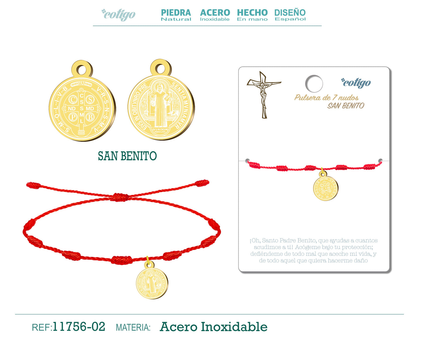 Pulsera 7 nudos con SAN BENITO Dorado