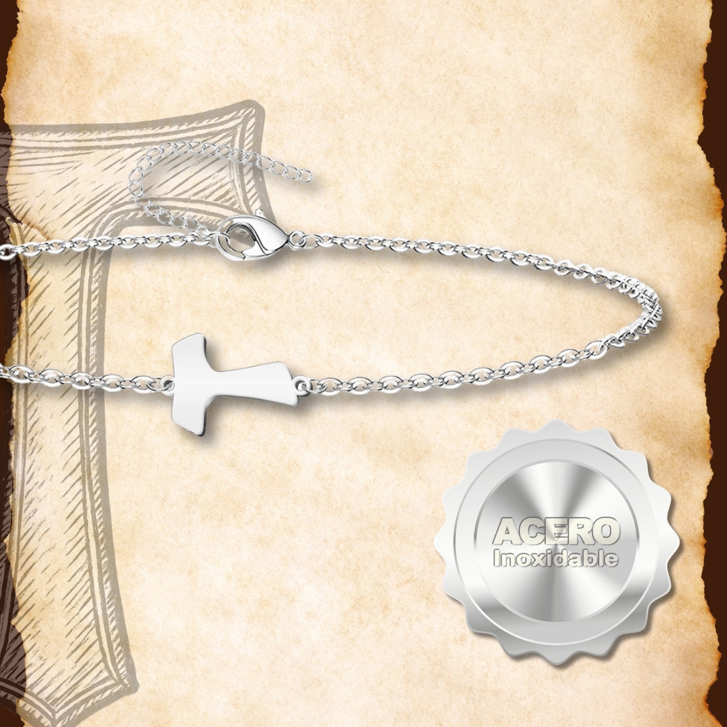 Pulsera Cruz Tau Acero inoxidable color Plateado