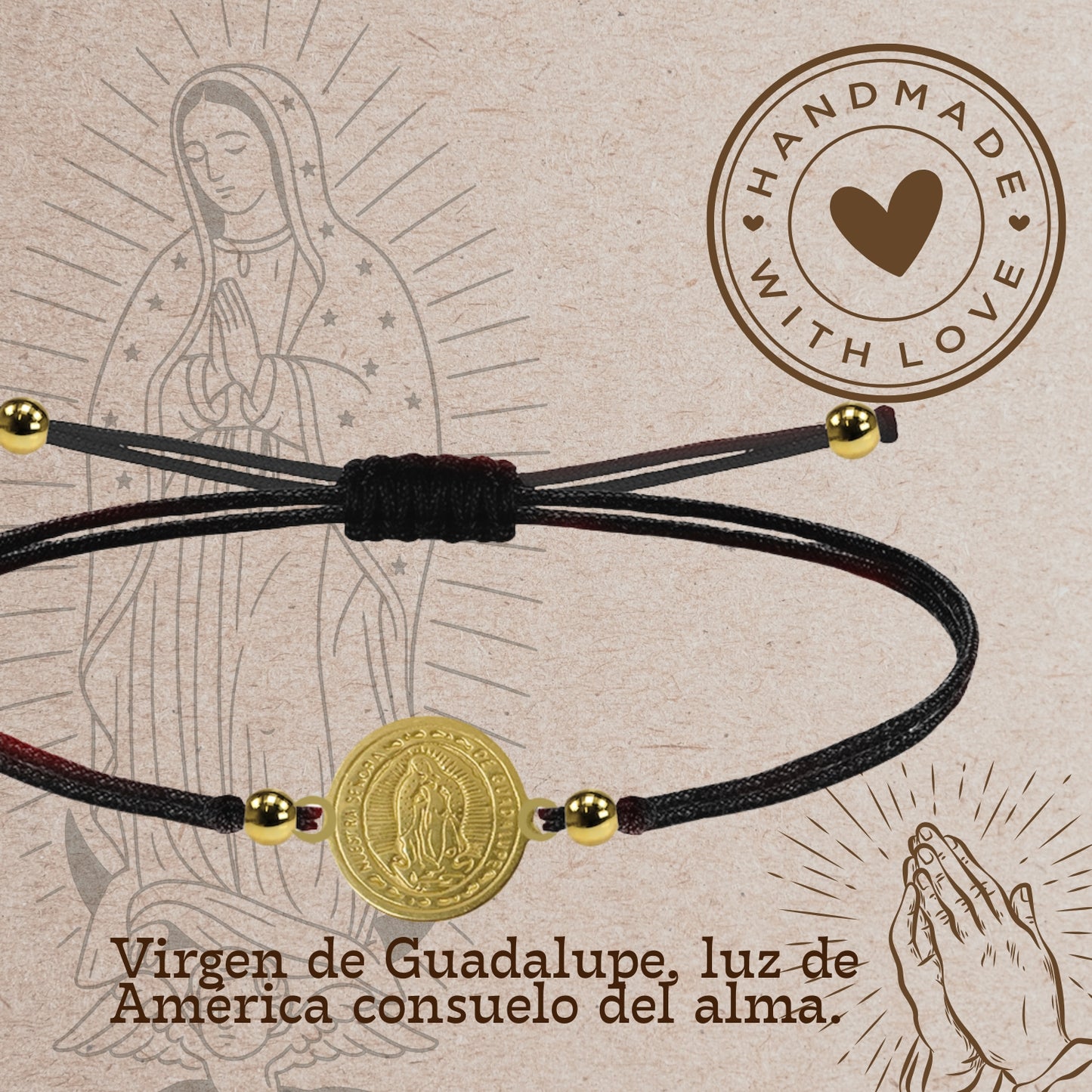 Pulsera Hilo encerado Negro-Virgen Guadalupe Dorado