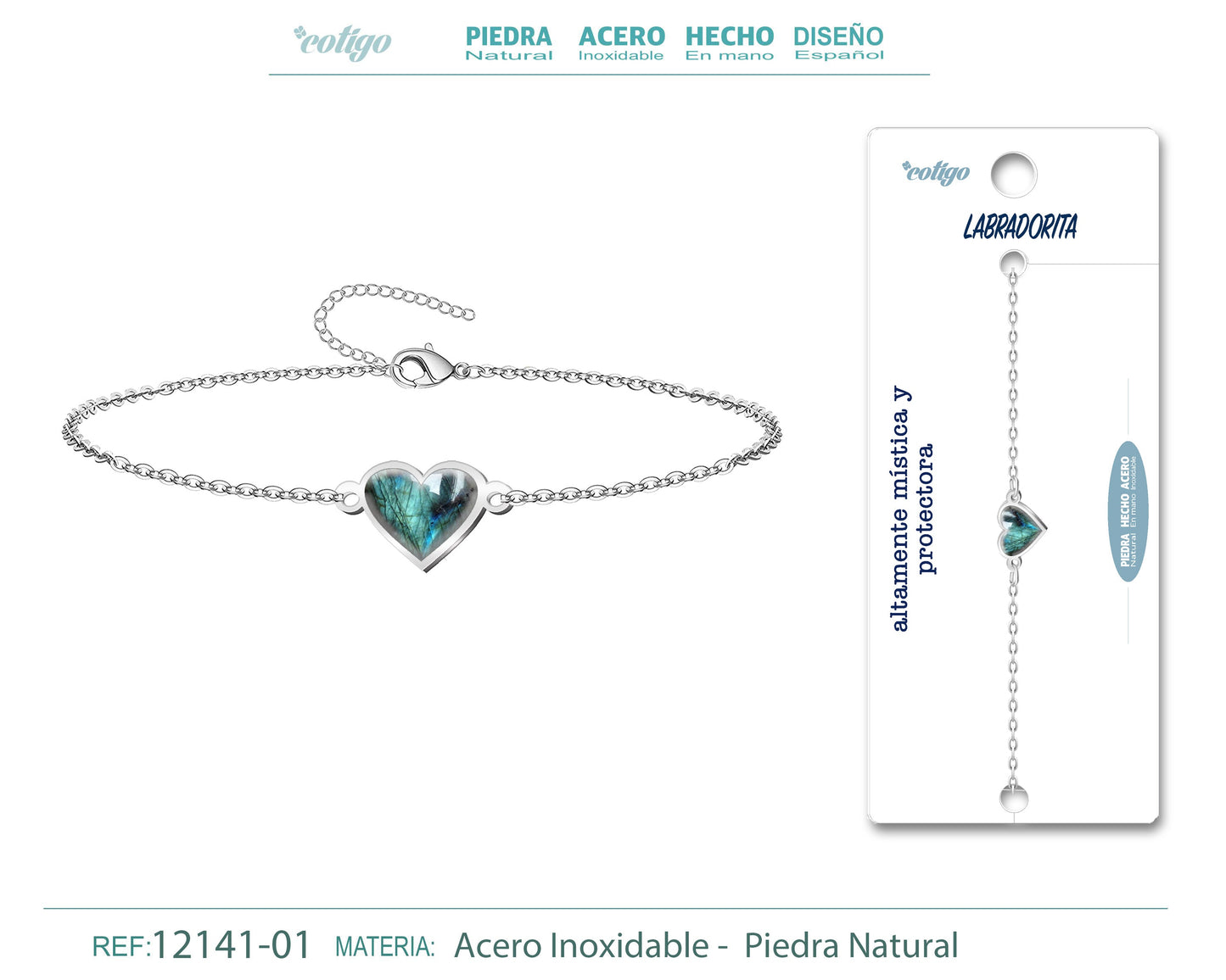 Pulsera corazon con Labratorita-Plateada