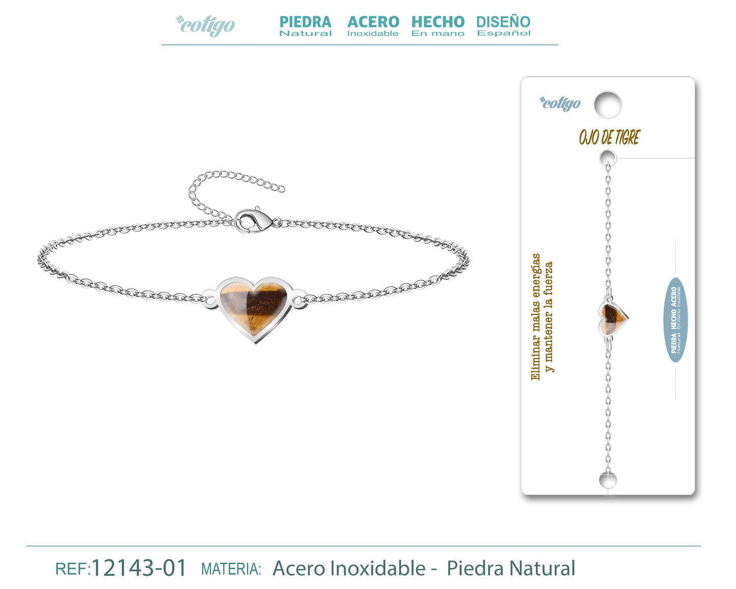 Pulsera corazon con Ojo de tigre-Plateada