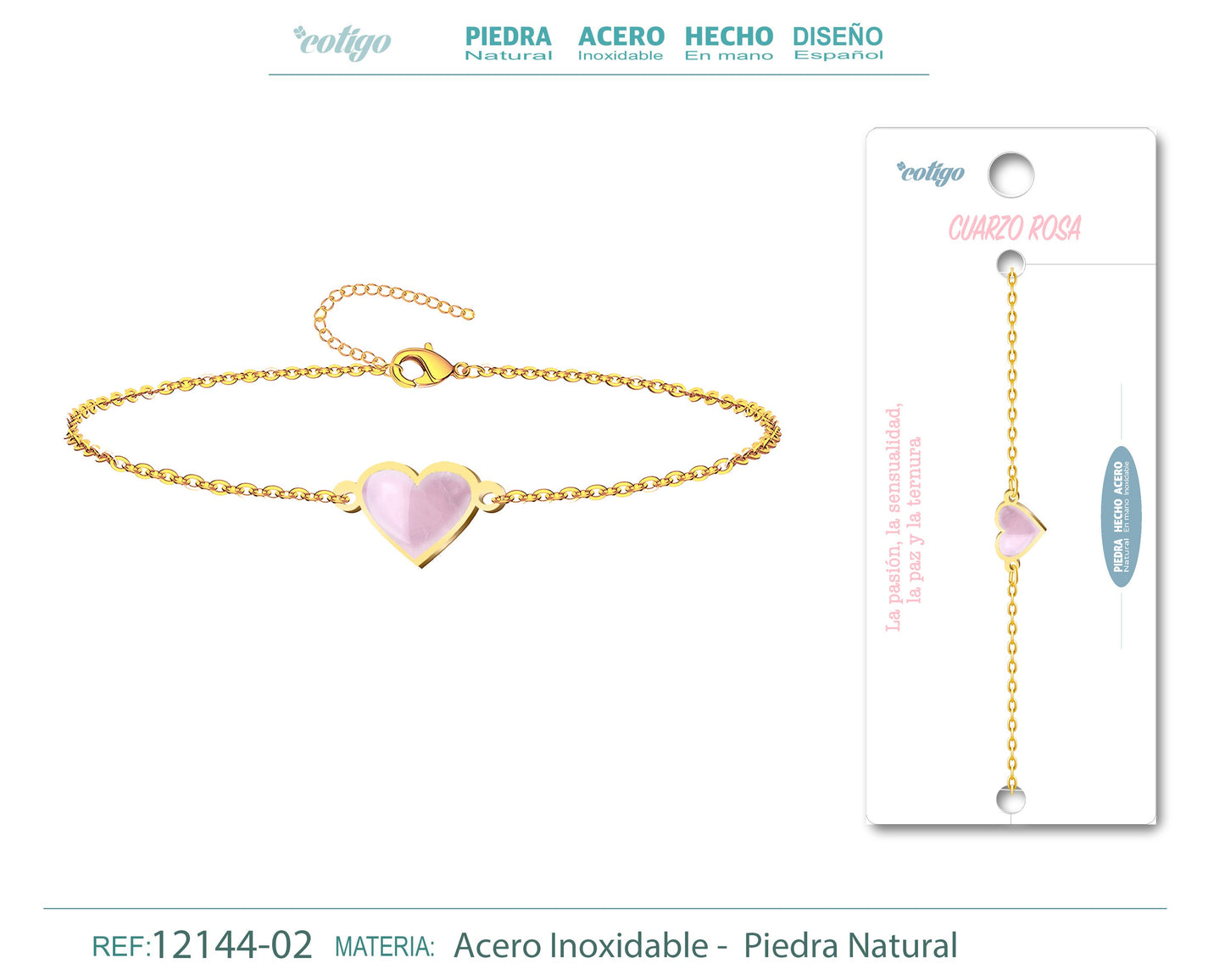 Pulsera corazon con Cuarzo rosa-Dorada