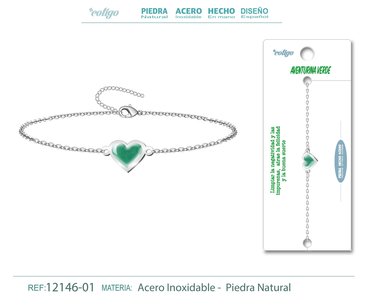 Pulsera corazon con Aventurina verde-Plateada