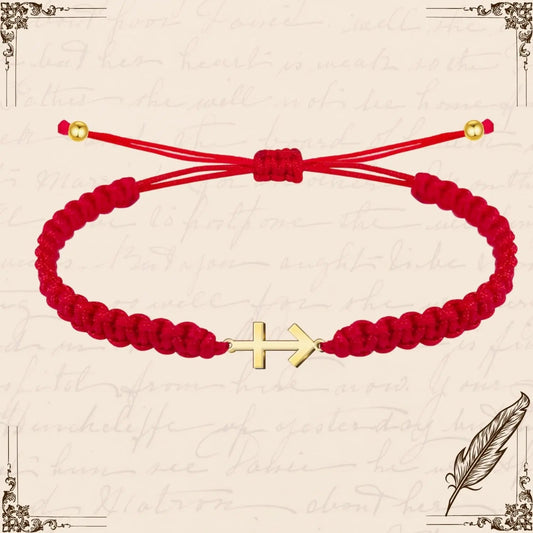 Pulsera de hilo rojo trenzado con amuleto de Cruz contra el Mal en acero dorado y cierre ajustable.