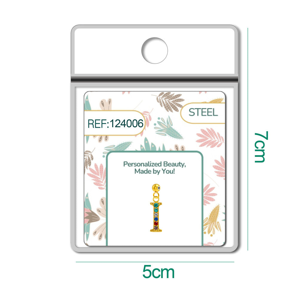 CHARM de Letra I Acero color Dorado con Circonita-con Bola de Goma