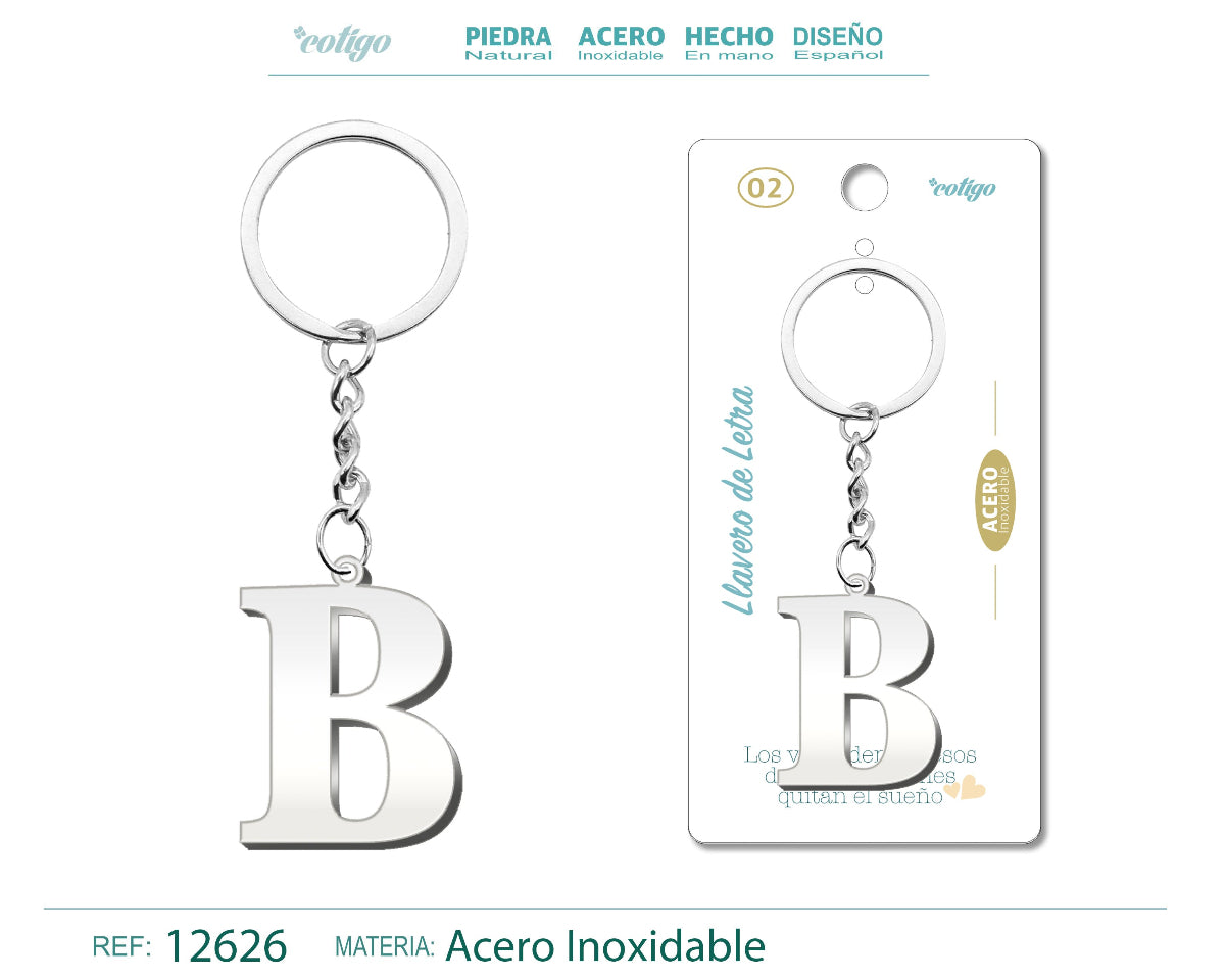Llavero con la inicial letra B de acero inoxidable, acabado pulido brillante, sobre tarjeta de presentación con mensaje emotivo para regalo.