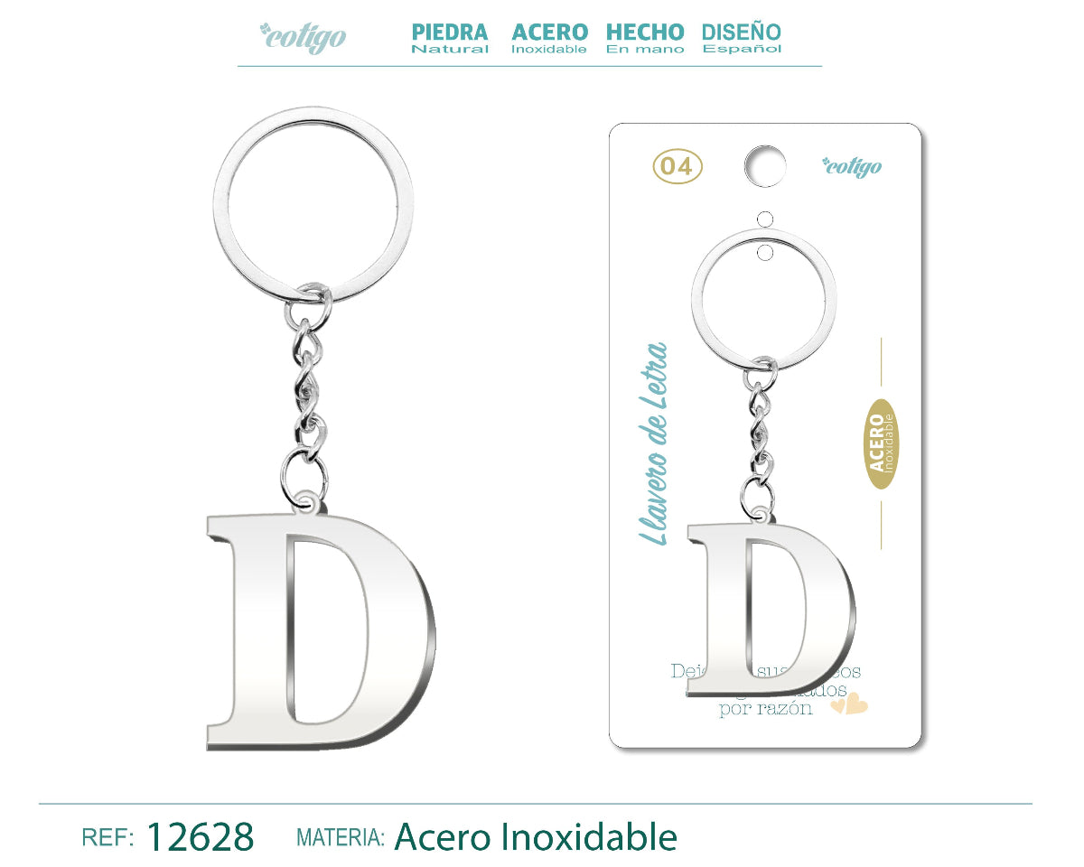 Llavero con la inicial D en acero inoxidable, acabado plateado espejo, presentado en tarjeta de regalo con frase emotiva de la marca Cotigo.