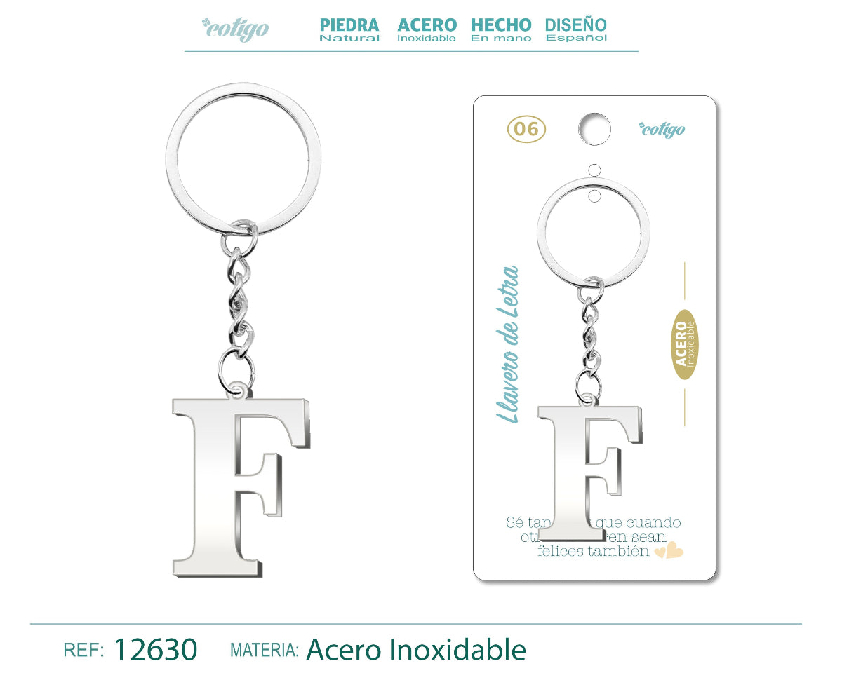 Llavero con la inicial letra F de acero inoxidable, acabado pulido brillante, presentado sobre tarjeta de regalo con frase emotiva de la marca Cotigo.