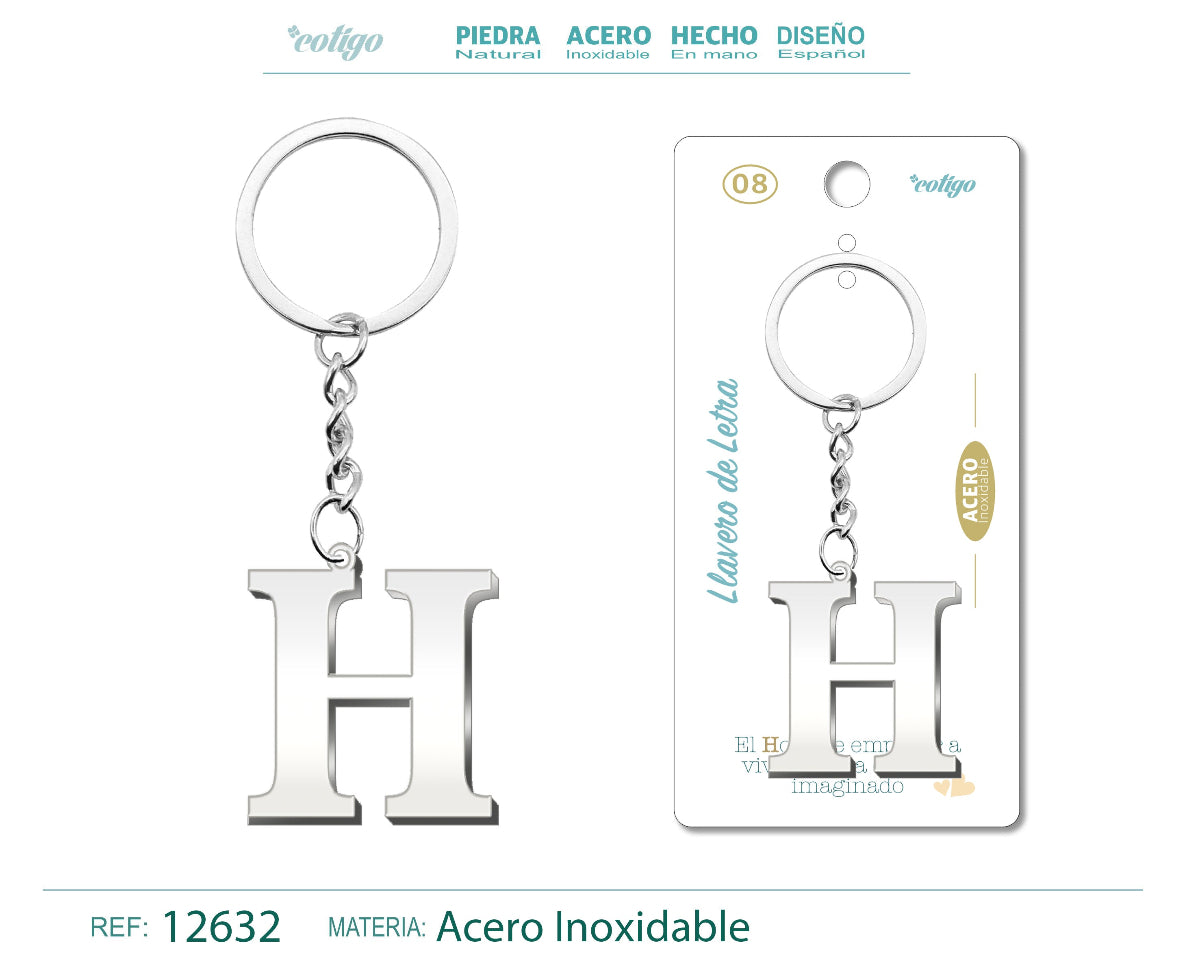 Llavero con la inicial letra H de acero inoxidable, diseño elegante plateado, presentado sobre tarjeta de regalo con frase emotiva de la marca Cotigo.