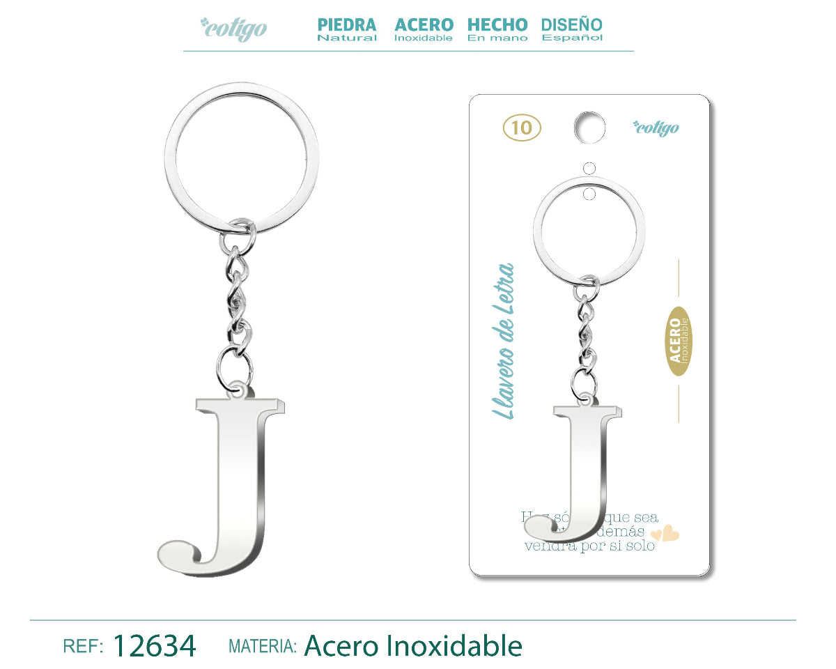 Llavero con la inicial letra J de acero inoxidable, acabado pulido brillante, presentado sobre tarjeta de regalo con frase emotiva de la marca Cotigo.