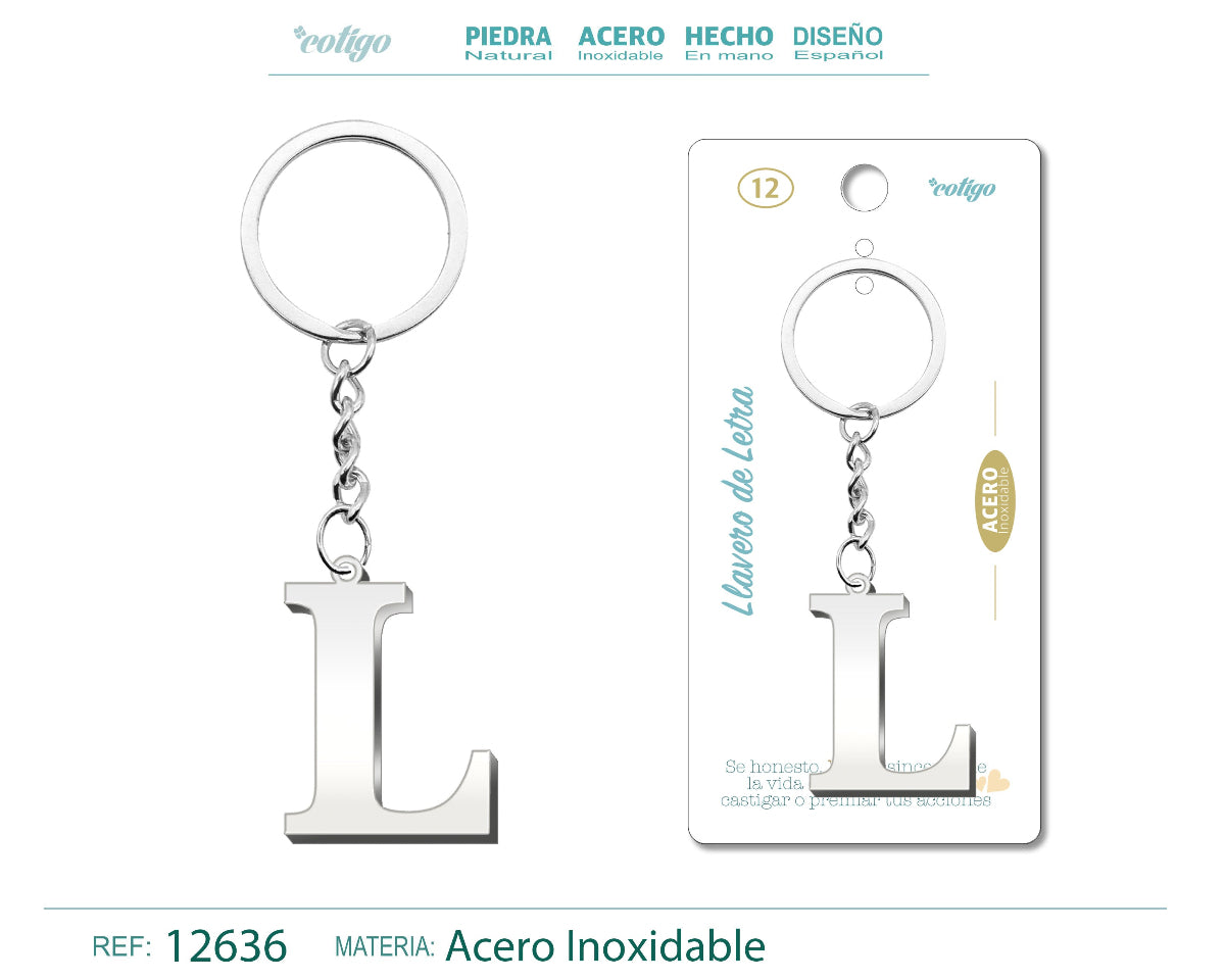 Llavero con la inicial letra L de acero inoxidable, diseño clásico plateado, presentado sobre tarjeta de regalo con frase emotiva de la marca Cotigo.