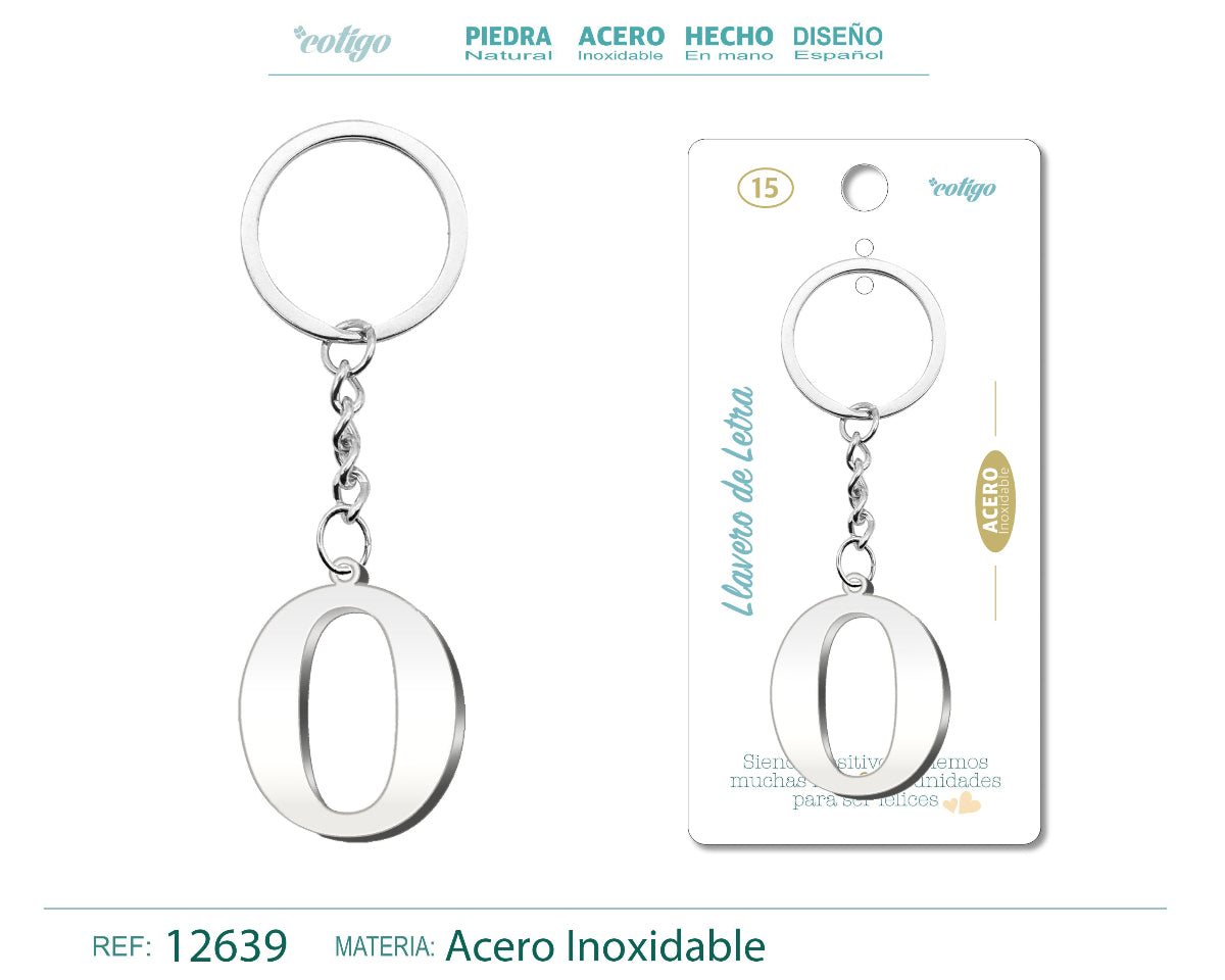 Llavero con la inicial letra O de acero inoxidable, diseño circular plateado, presentado sobre tarjeta de regalo con frase emotiva de la marca Cotigo.