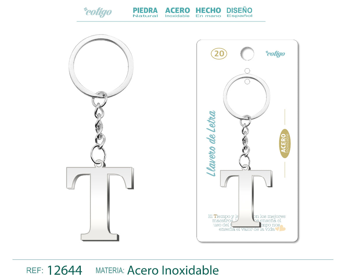 Llavero con la inicial letra T de acero inoxidable, diseño simétrico plateado, presentado sobre tarjeta de regalo con frase emotiva de la marca Cotigo.