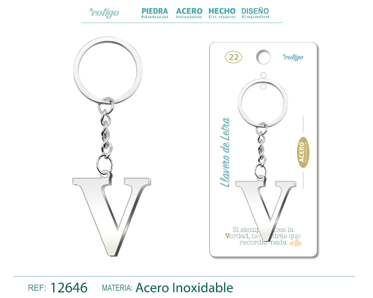 Llavero con la inicial letra V de acero inoxidable, diseño moderno plateado, presentado sobre tarjeta de regalo con frase emotiva de la marca Cotigo.
