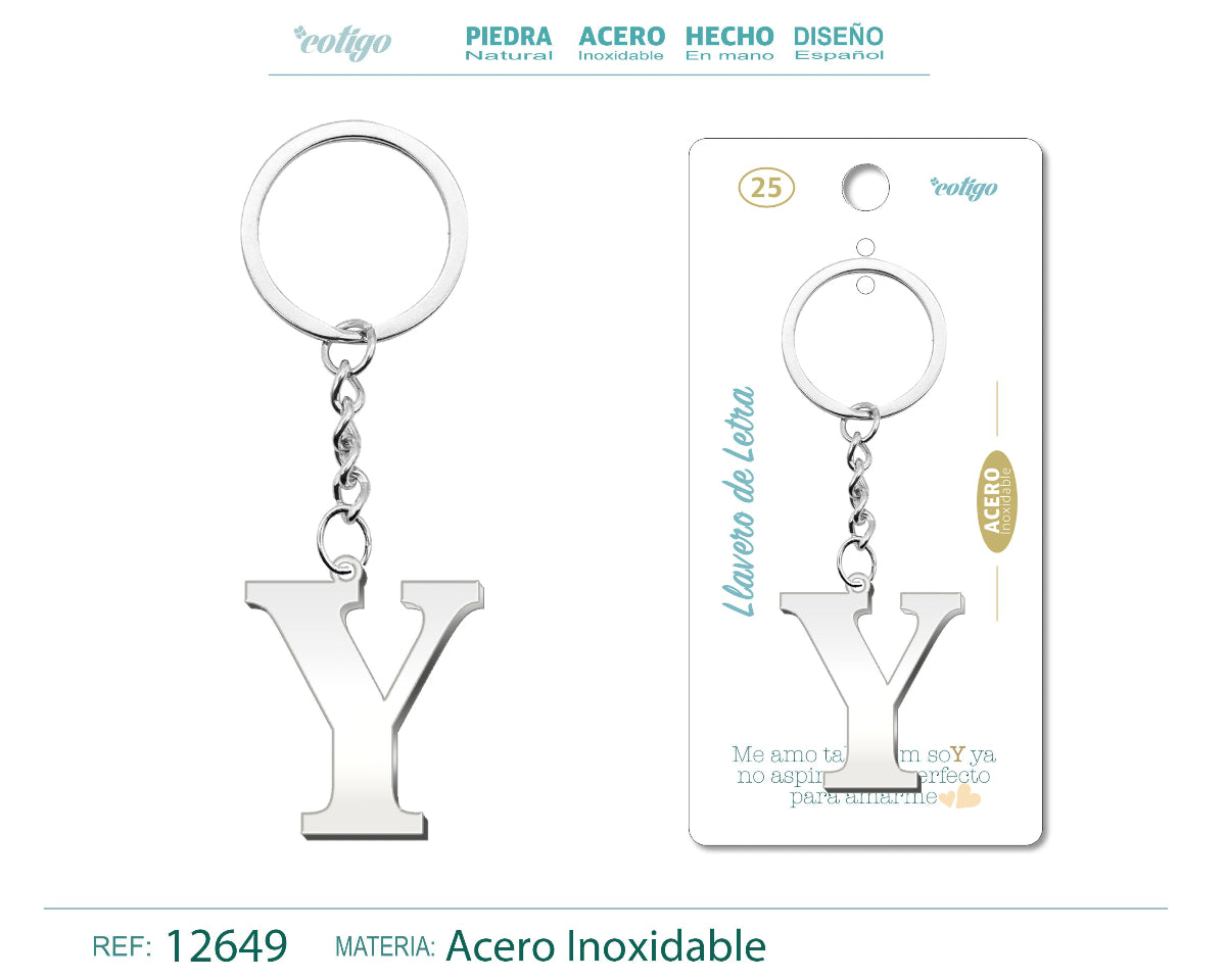 Llavero con la inicial letra Y de acero inoxidable, diseño moderno plateado, presentado sobre tarjeta de regalo con frase emotiva de la marca Cotigo.