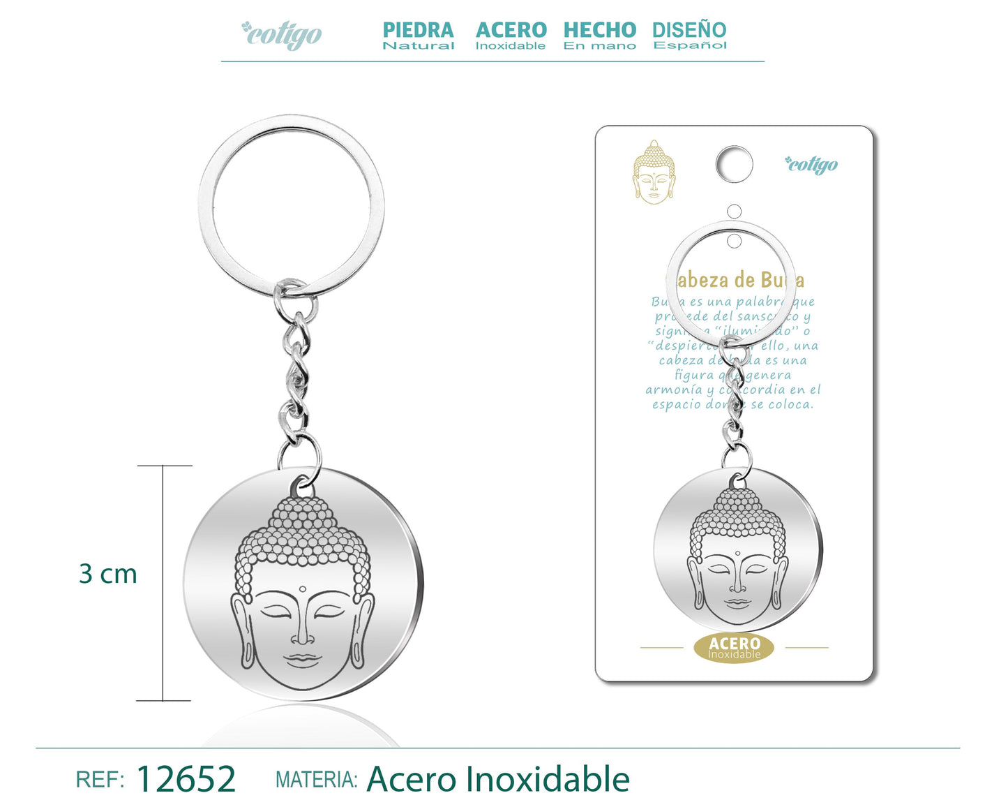 Llavero Acero con Simbolo Suerte Cabeza de Buda