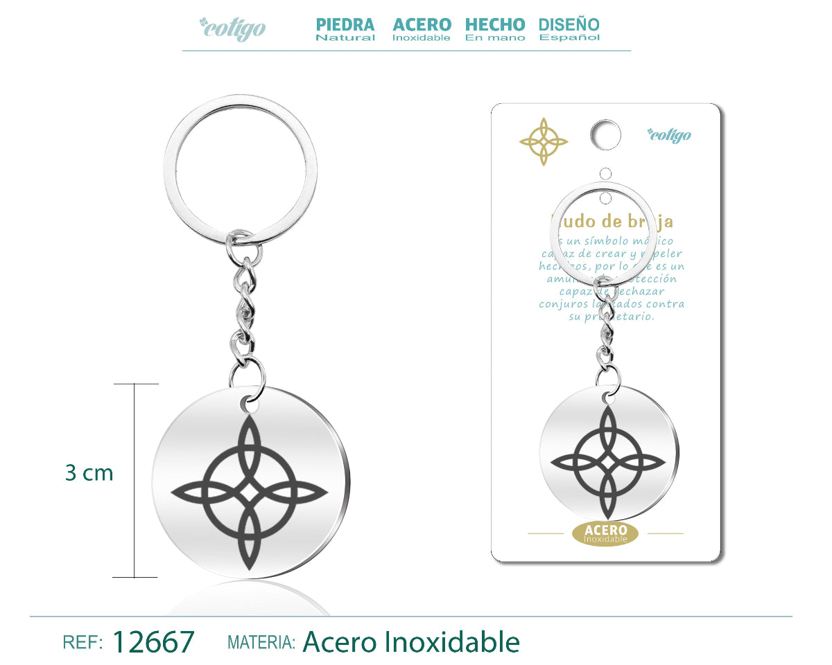 Llavero redondo de acero inoxidable con el símbolo del Nudo de Bruja grabado en negro, amuleto de protección para llaves de casa o coche.