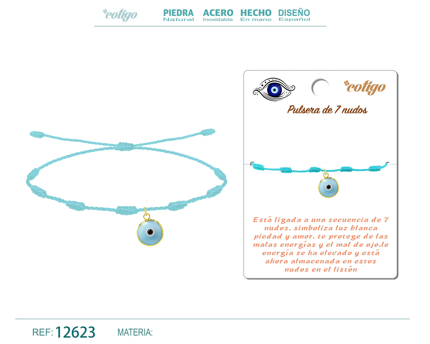 Pulsera 7 nudos Azul con Colgante de ojo Turco