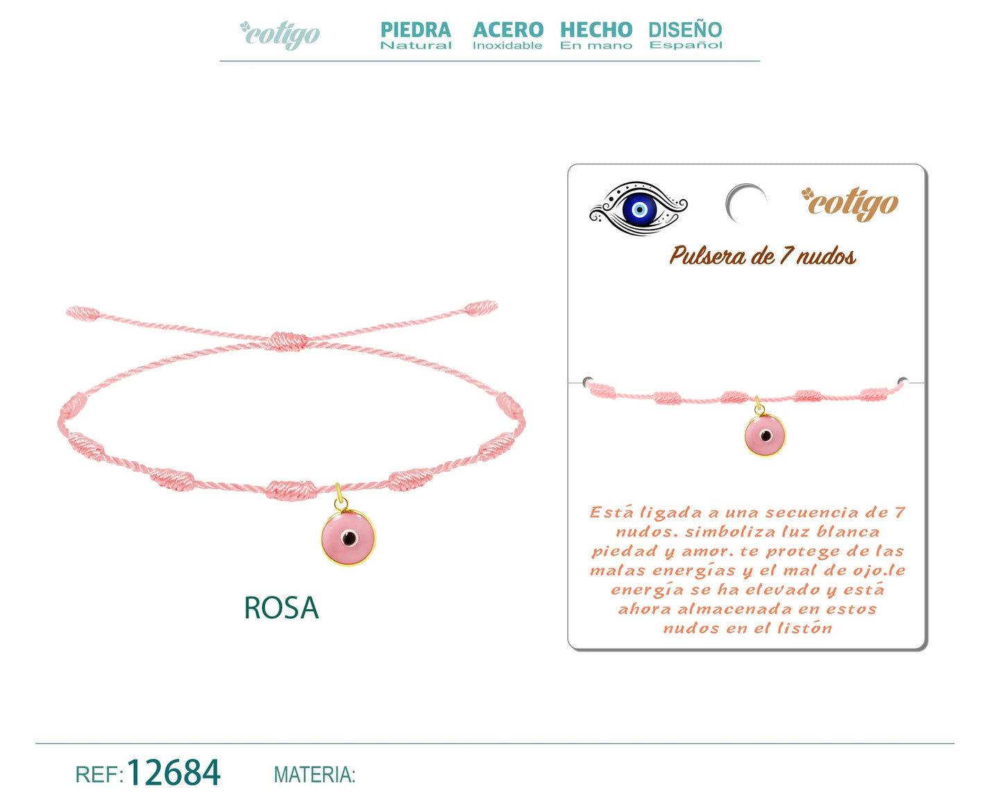 Pulsera 7 nudos Rosa con Colgante de ojo Turco - cotigo