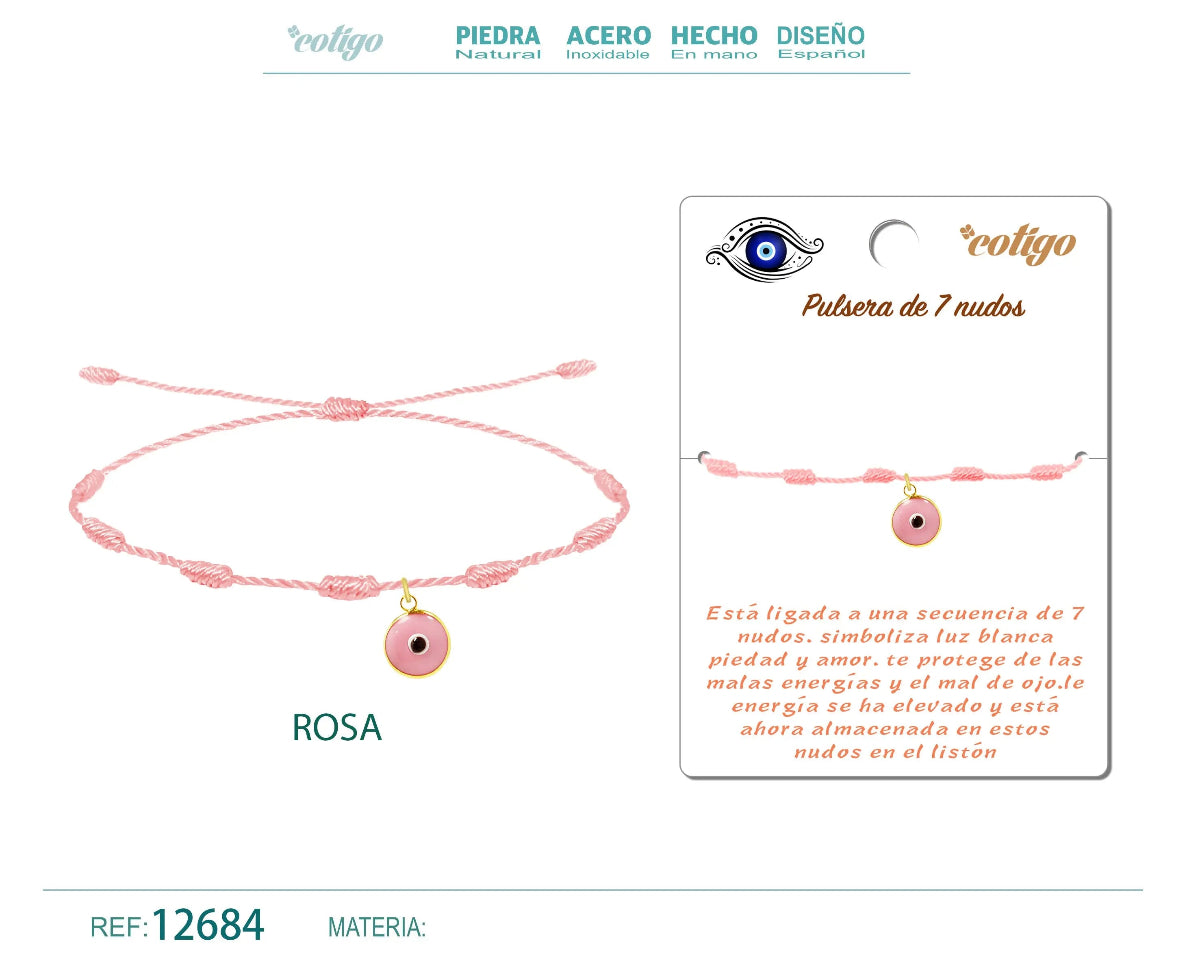 Pulsera rosa de 7 nudos con colgante de ojo turco rosa y cordón ajustable trenzado.