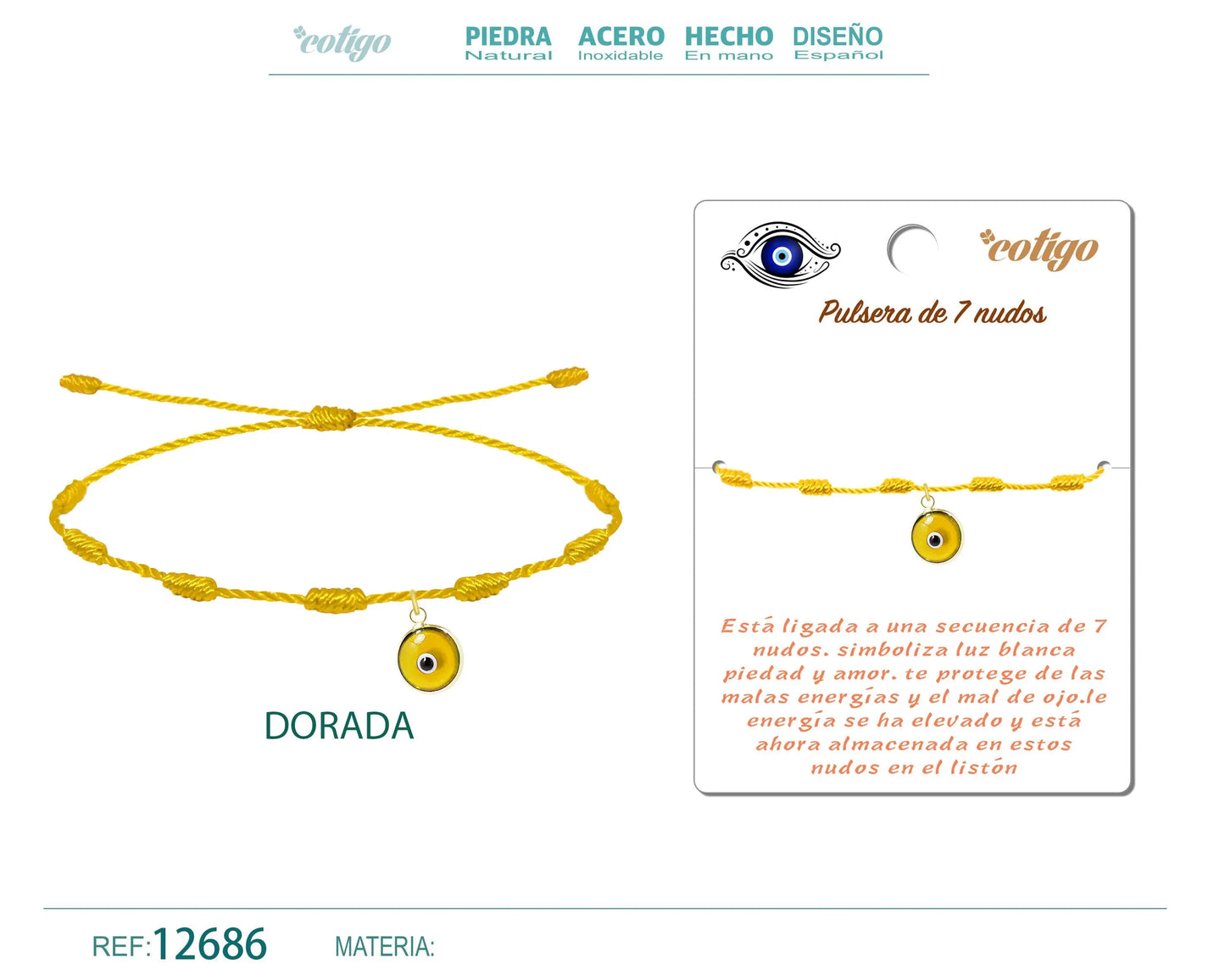 Pulsera 7 nudos Dorado con Colgante de ojo Turco - cotigo