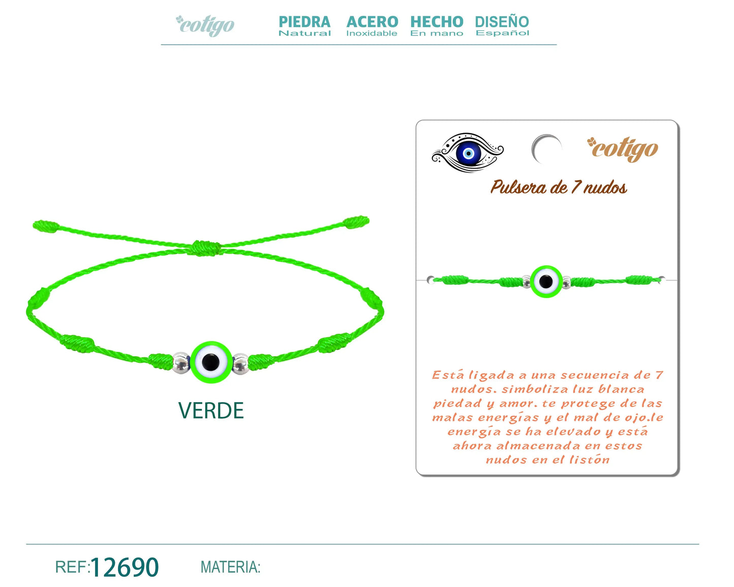 Pulsera 7 nudos Verde con ojo Turco - cotigo