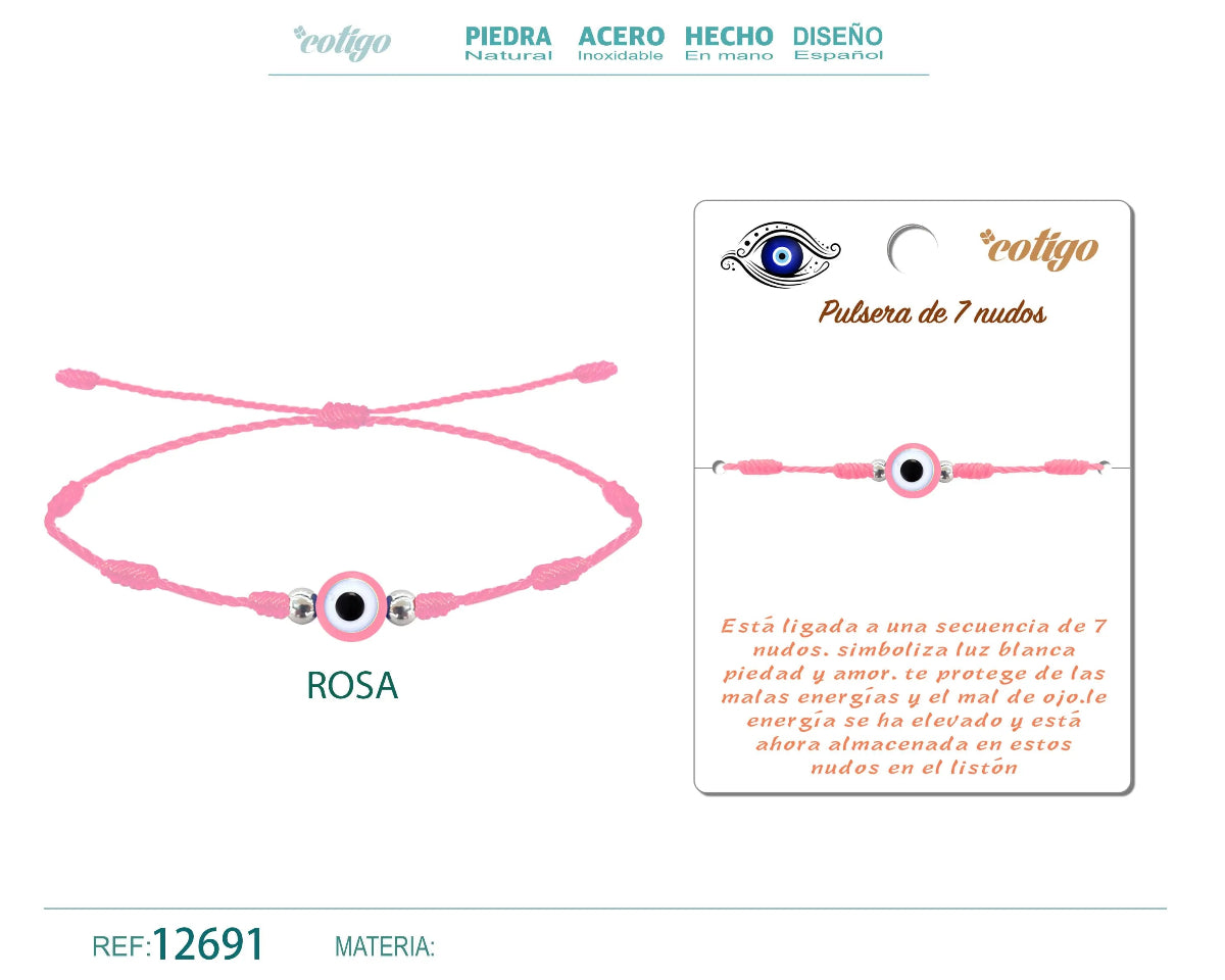 Pulsera rosa de 7 nudos con amuleto central de ojo turco rosa y cuentas plateadas en cordón ajustable.