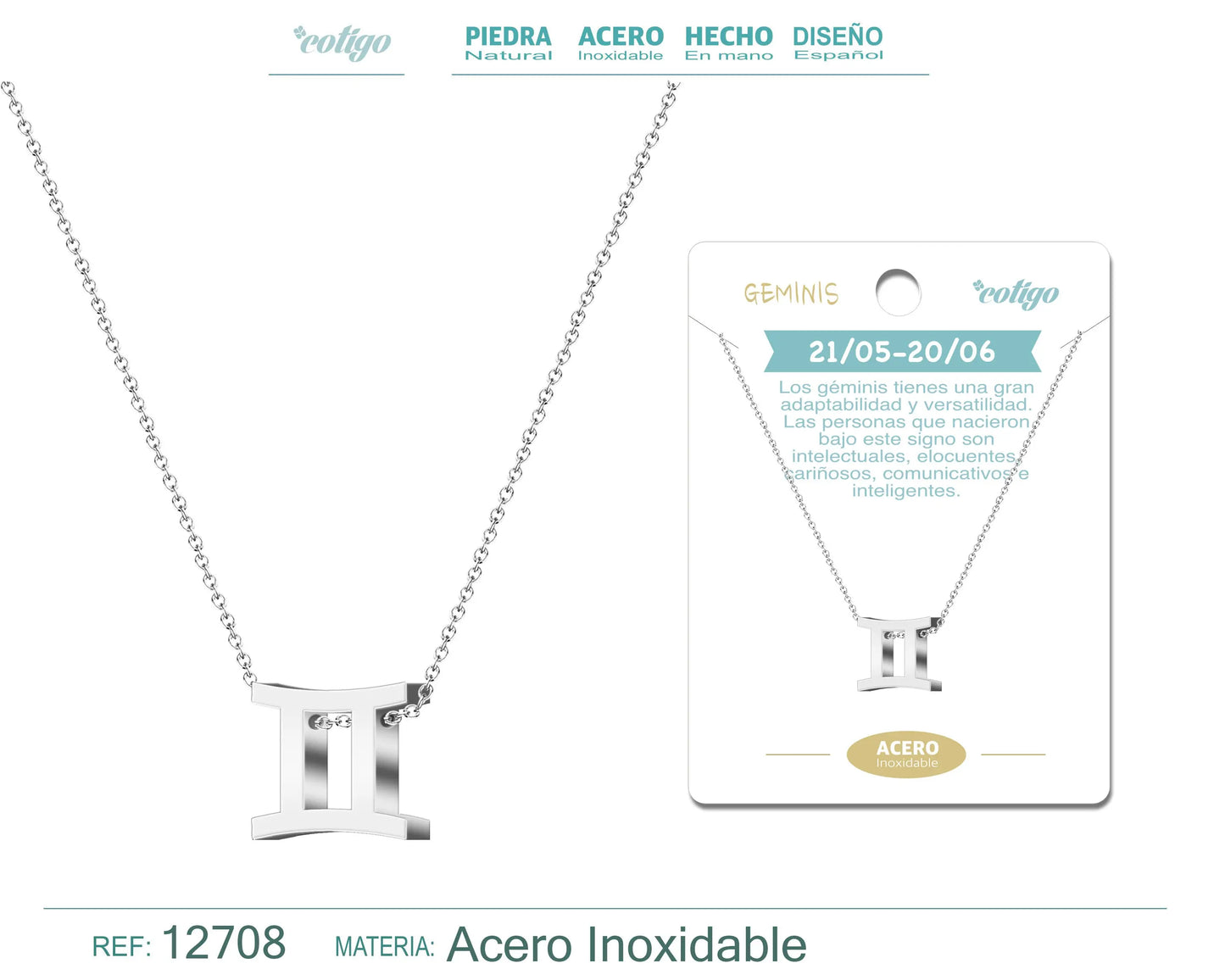 Collar Acero con Zodiaco Géminis color Plateado - cotigo