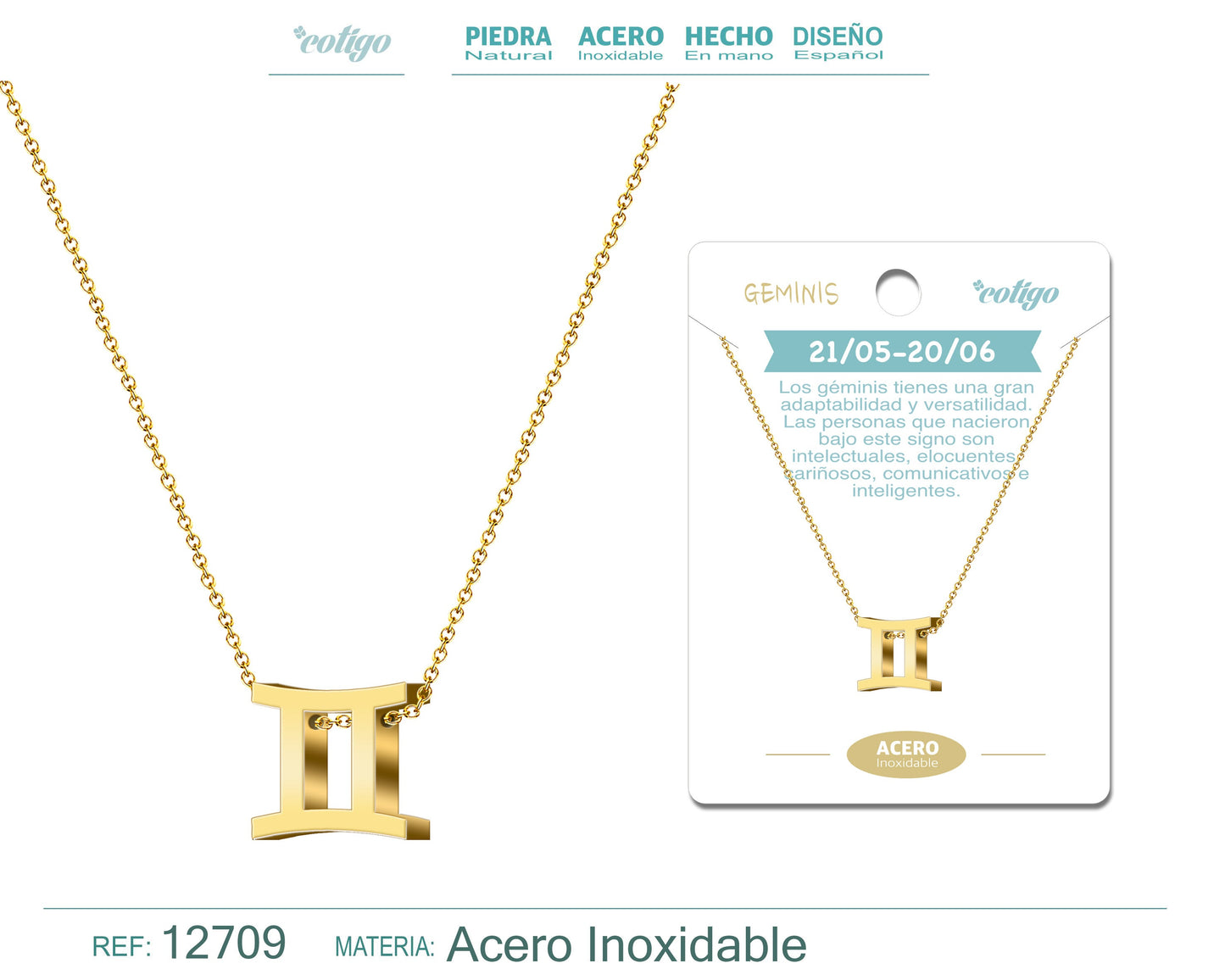 Collar Acero con Zodiaco Géminis color Dorado