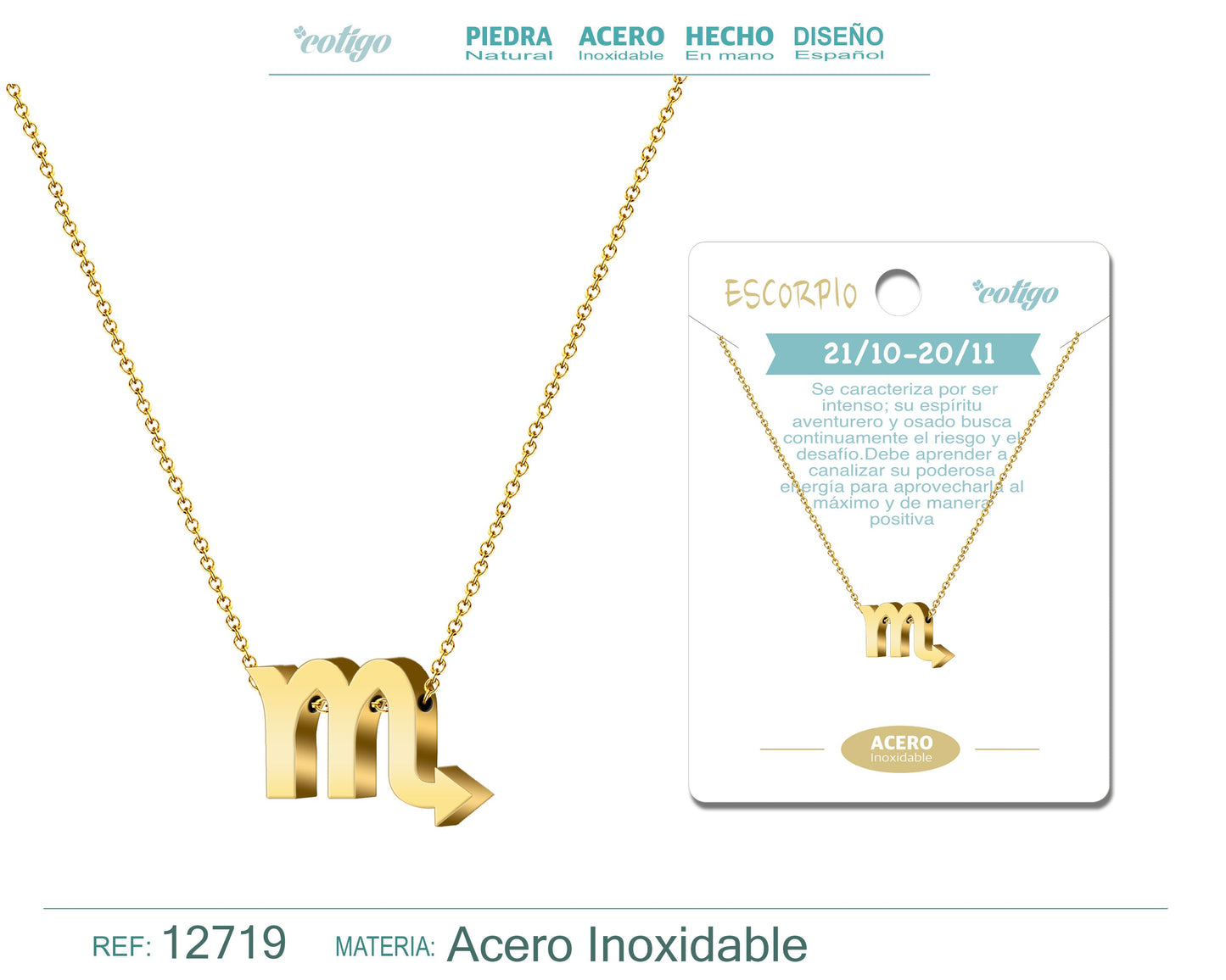 Collar Acero con Zodiaco Escorpio color Dorado