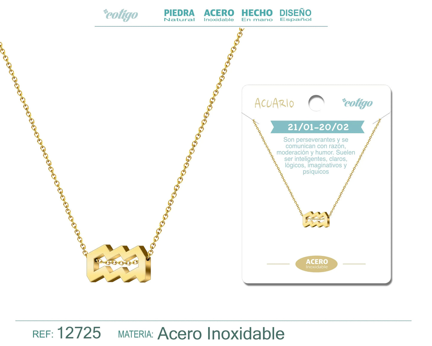 Collar Acero con Zodiaco Acuario color Dorado - cotigo