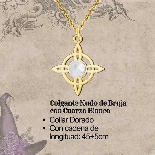 Colgante Nudo de Bruja con Cuarzo Blanco en Acero Dorado