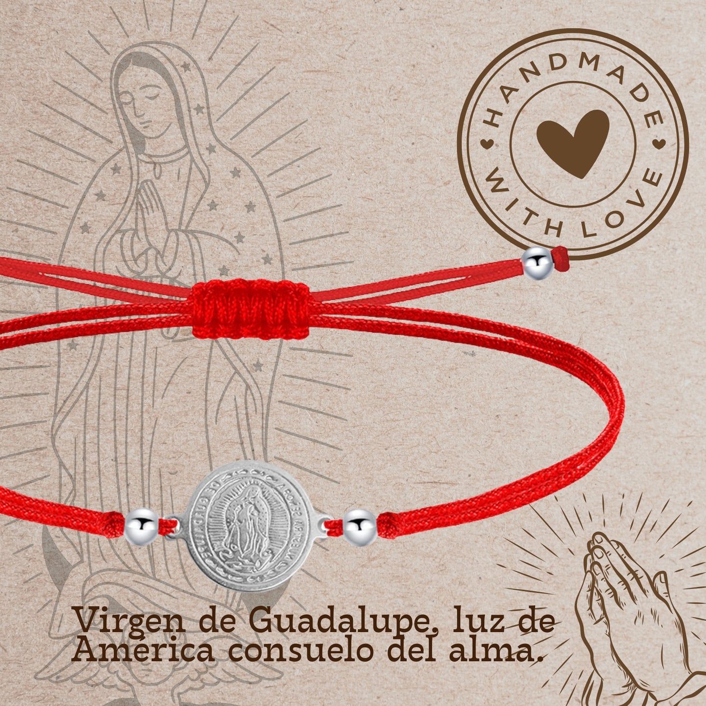 Pulsera Hilo encerado Rojo-Virgen Guadalupe Plateado