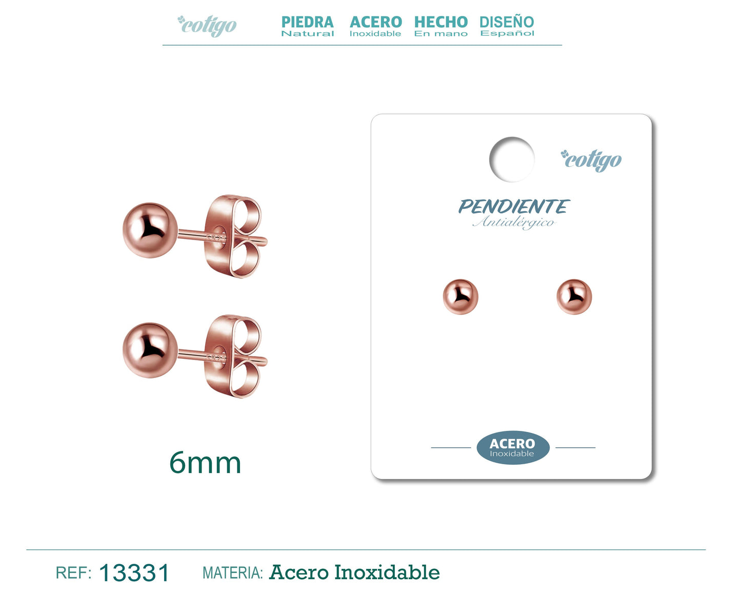 Pendiente Bola 6mm Acero color Rosa