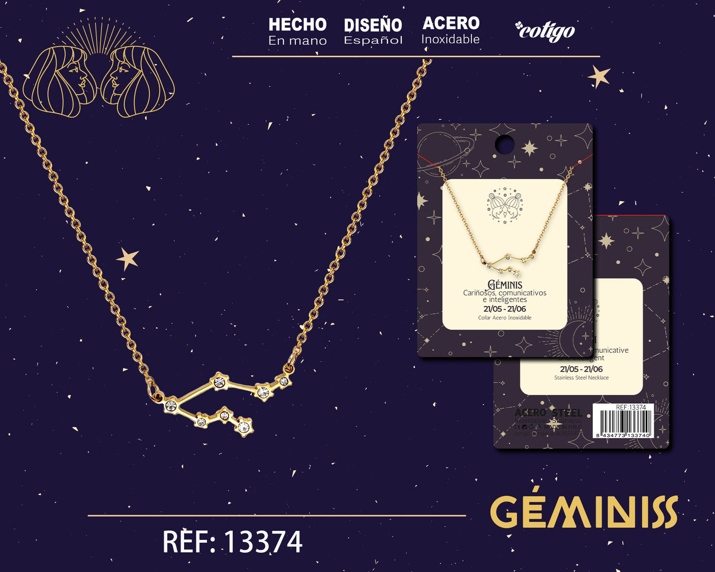 Collar Mapa Estelar del Zodiaco Geminis Dorado con Stras