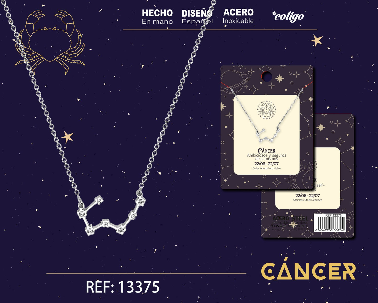 Collar Mapa Estelar del Zodiaco Cancer Plateado con Stras