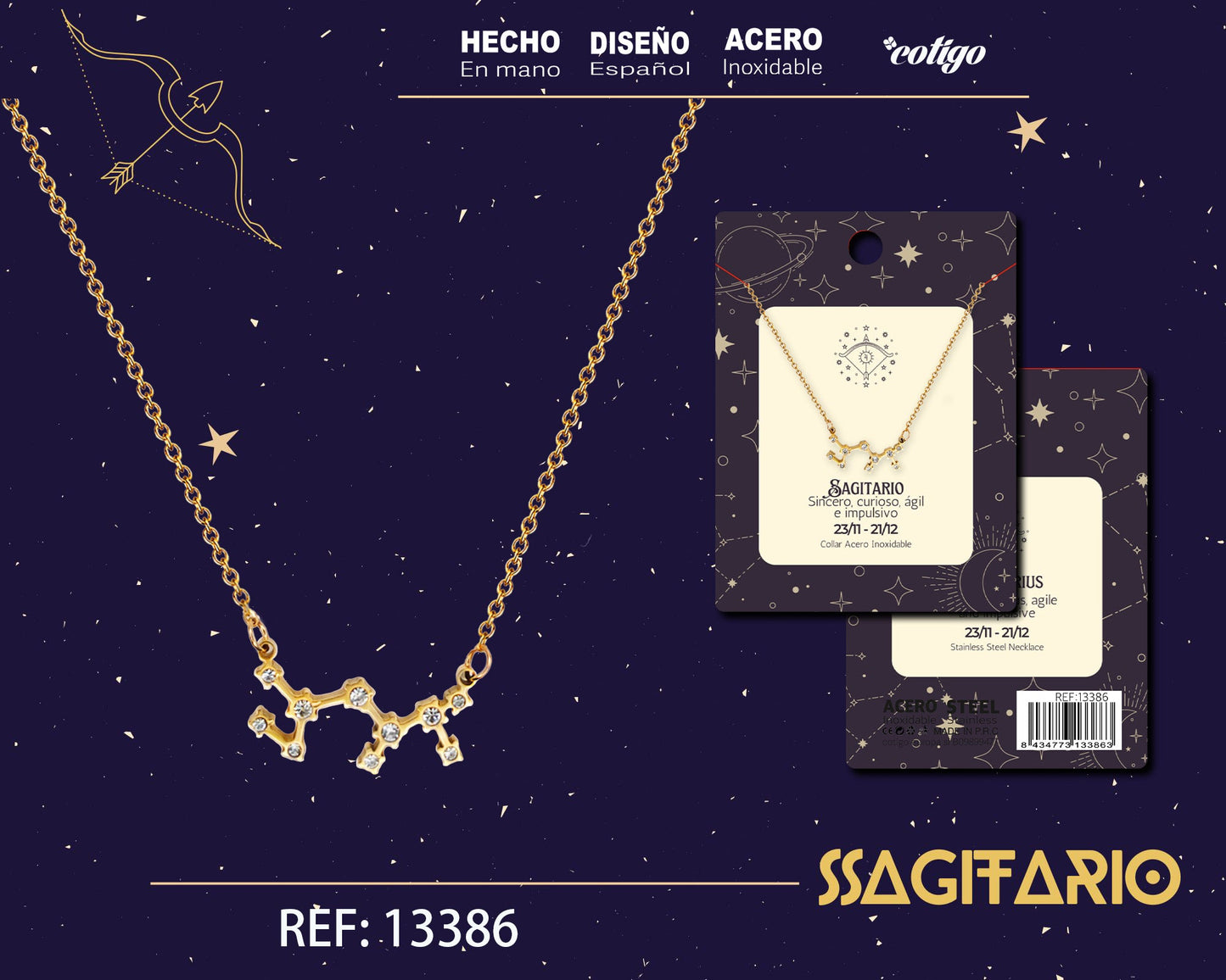 Collar Mapa Estelar del Zodiaco Sagitario Dorado con Stras