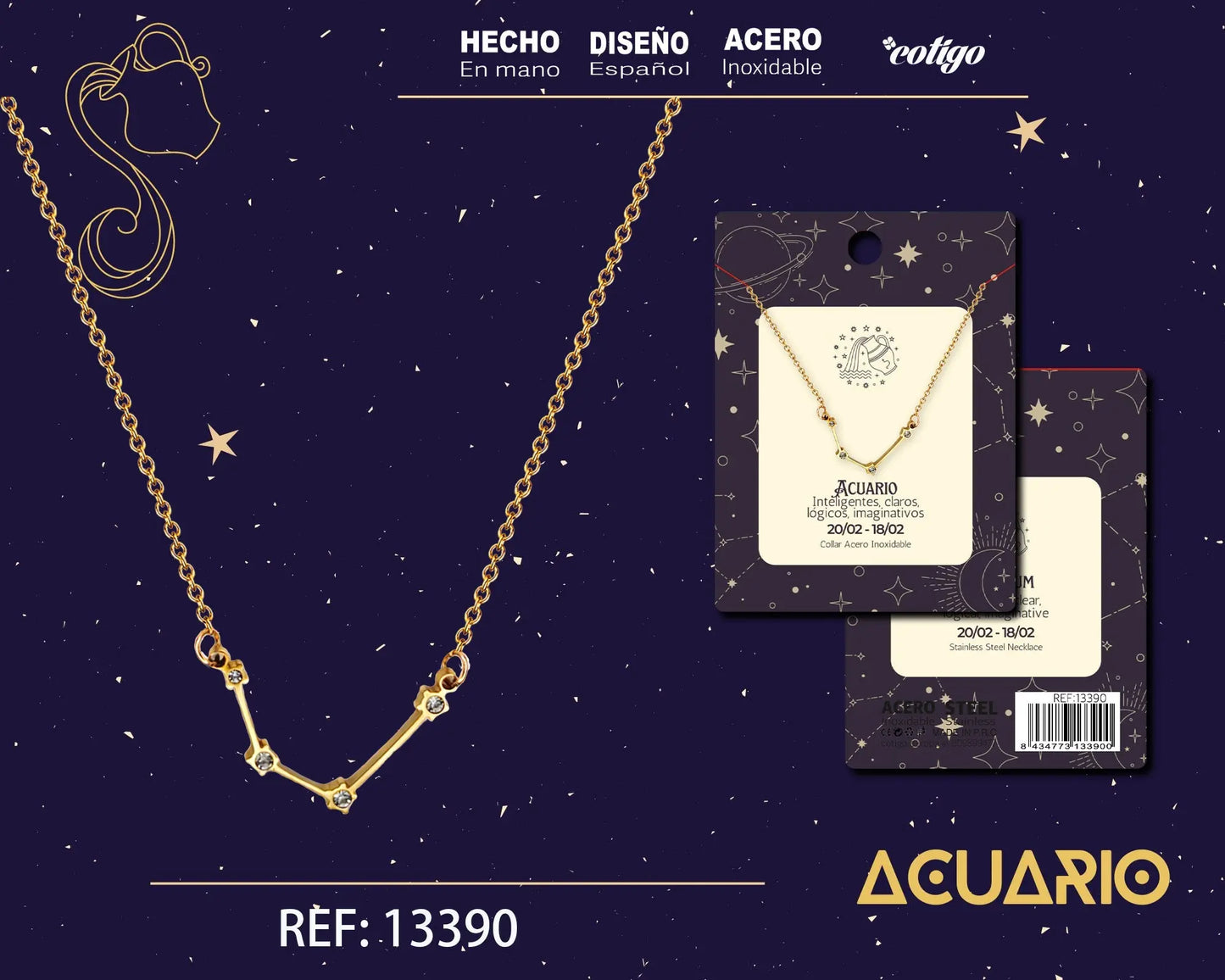 Collar Mapa Estelar del Zodiaco Acuario Dorado con Stras - cotigo