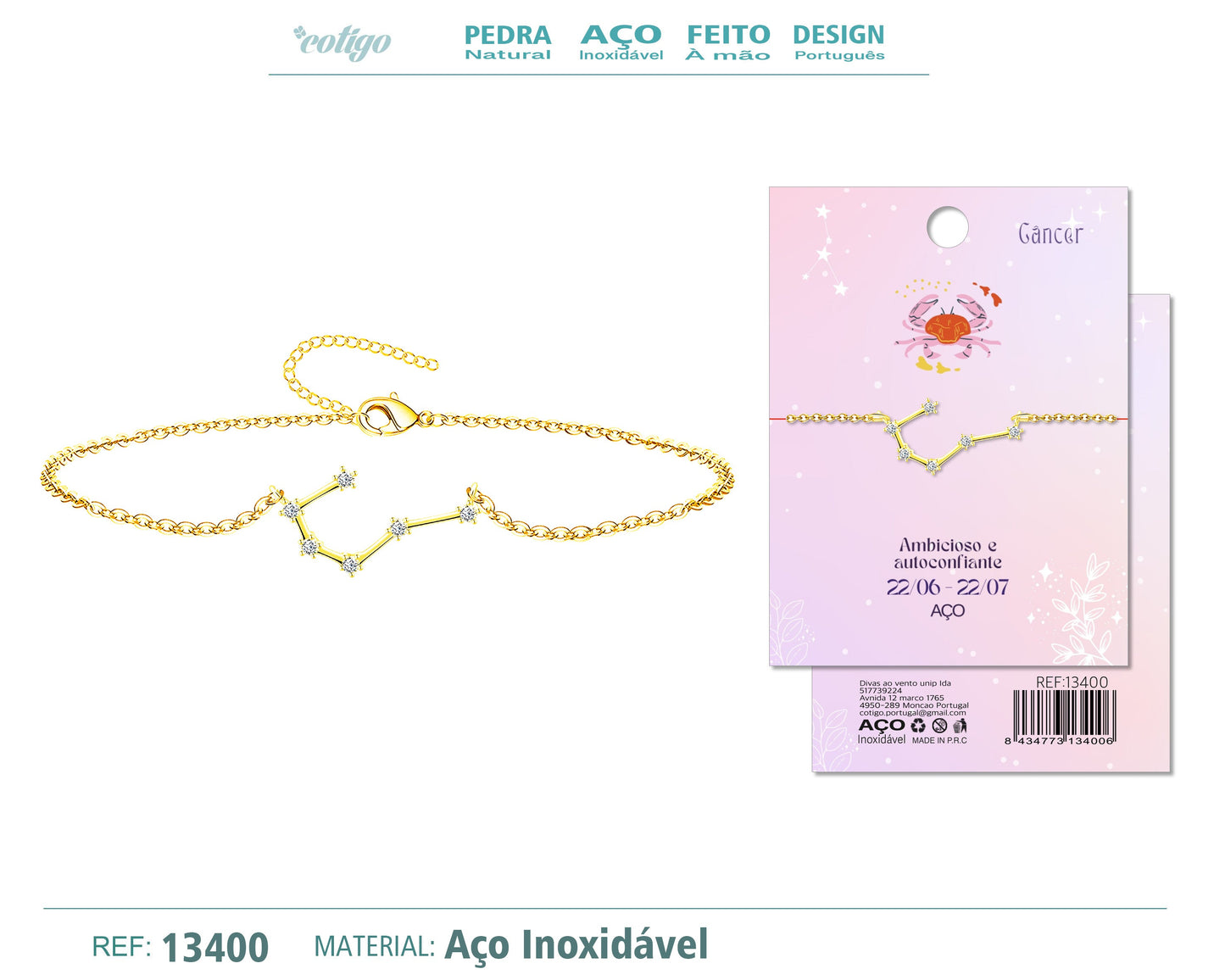 Pulsera Mapa Estelar del Zodiaco Cancer Dorado con Stras