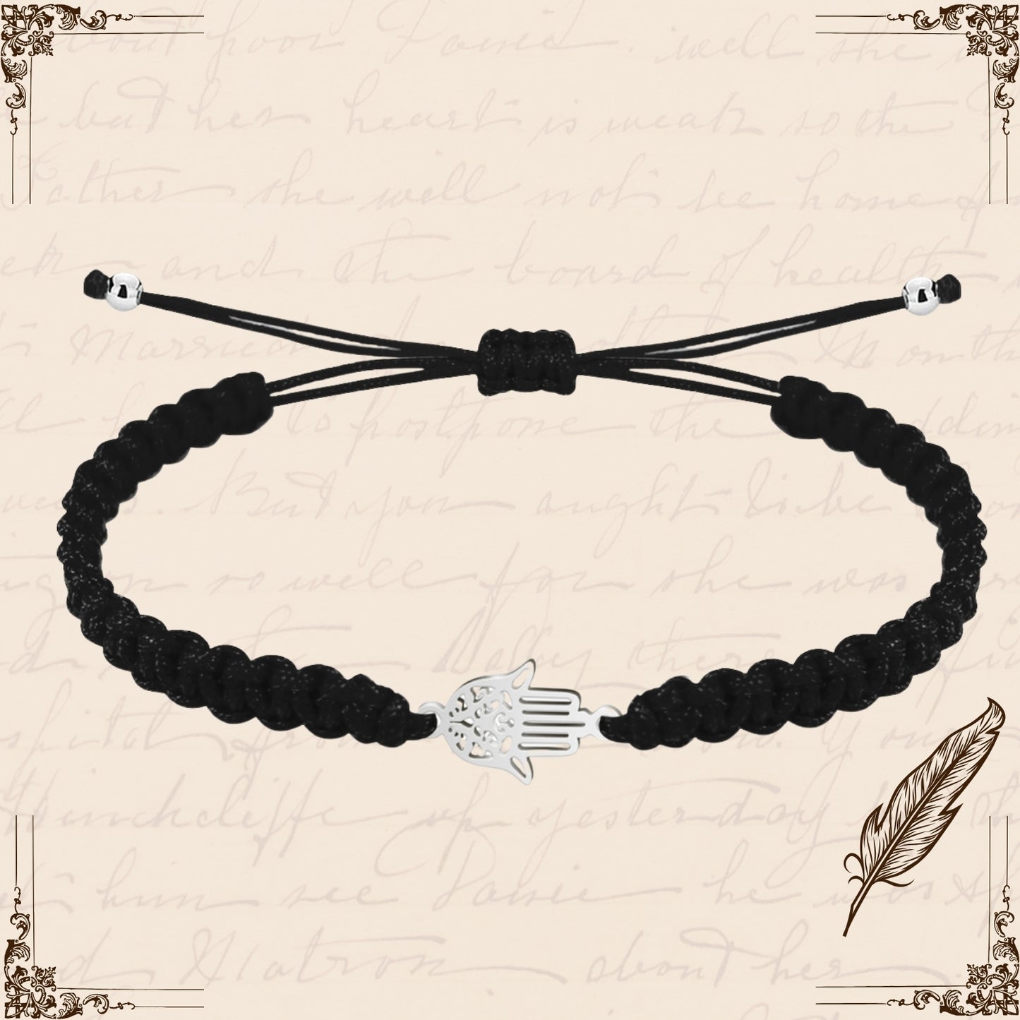Pulsera Hilo Destino Negro-Mano Fatima Plateado